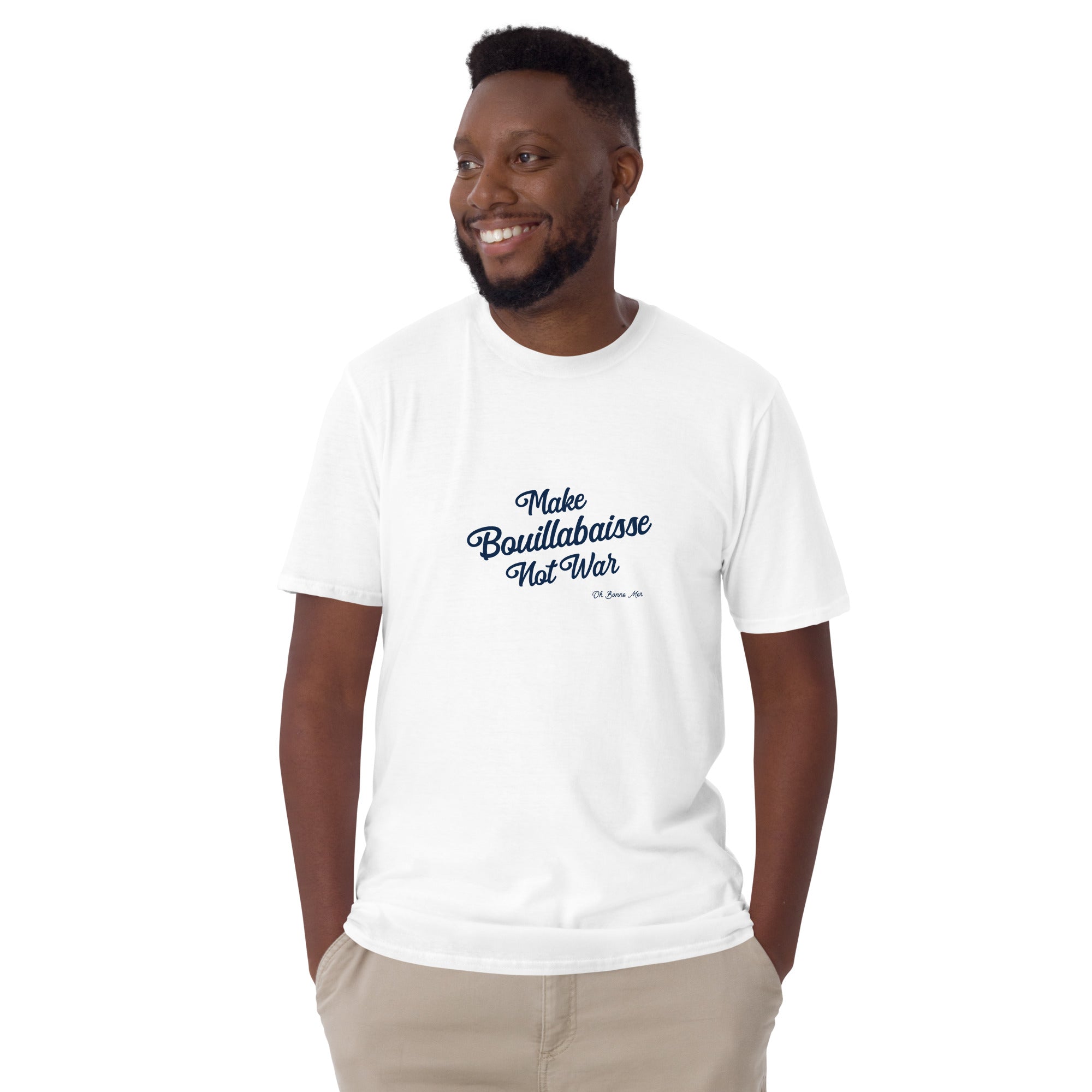 Softstyle Cotton T-Shirt Make Bouillabaisse Not War Text Only Navy embroidered pattern