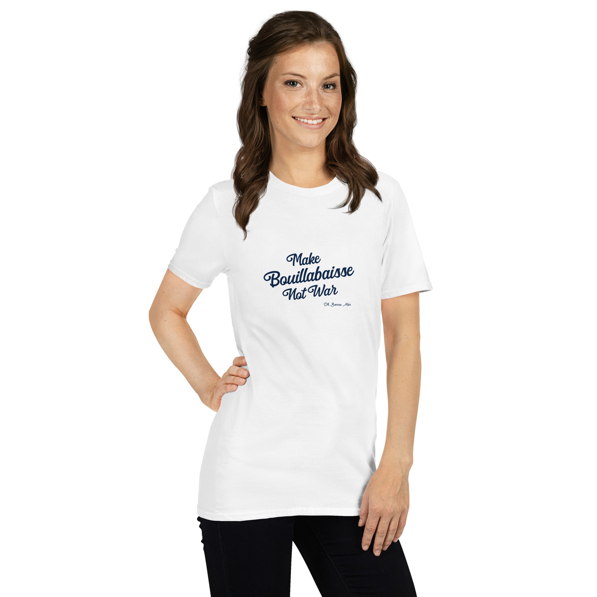 Softstyle Cotton T-Shirt Make Bouillabaisse Not War Text Only Navy embroidered pattern