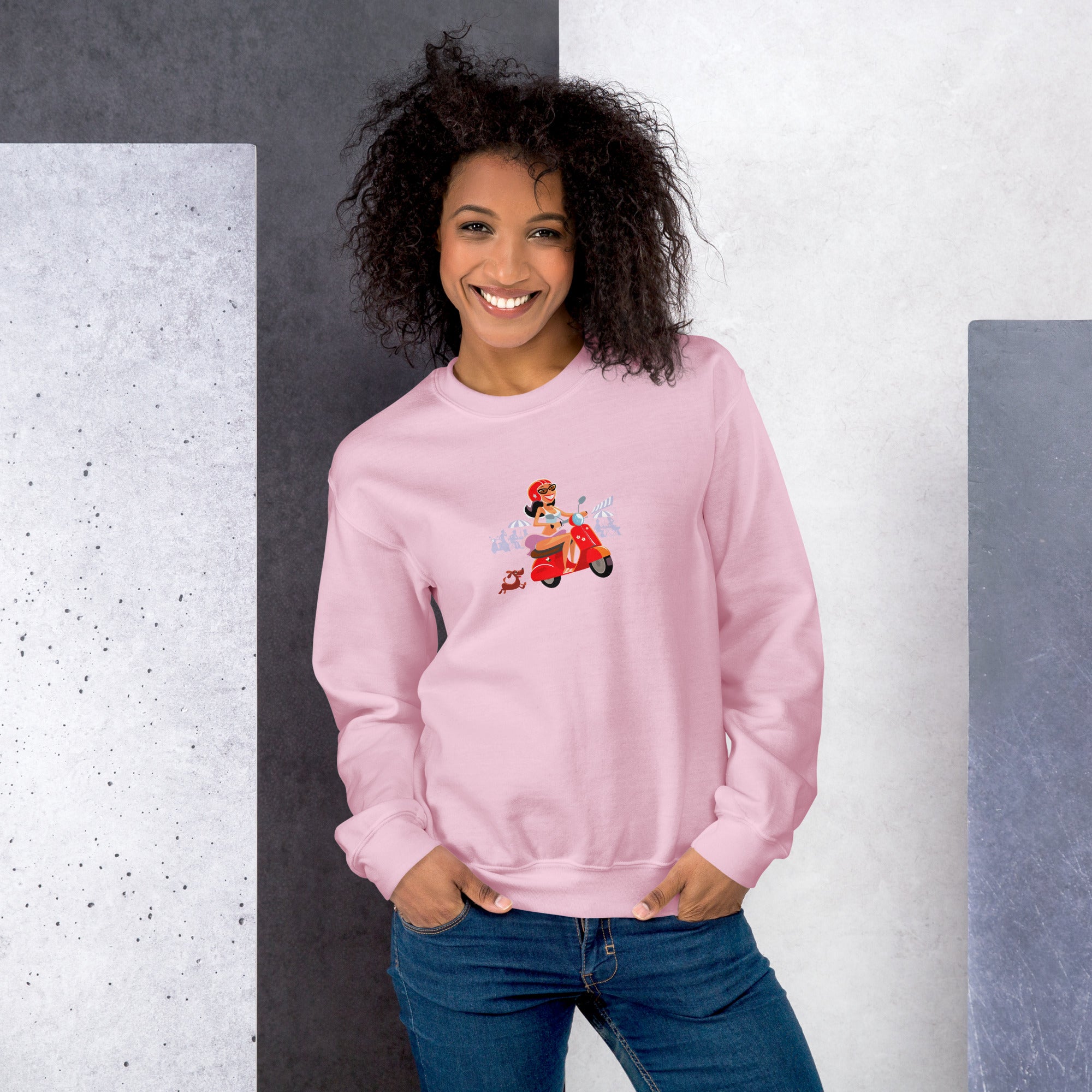 Sweat Unisexe à Col Rond Vespa Girl in St Tropez sur couleurs claires