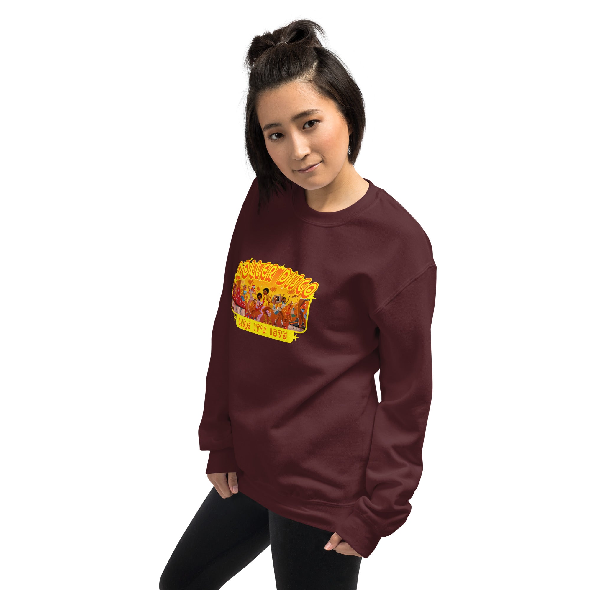 Unisex Sweatshirt Roller Disco 1975 on dark colors (front & back)