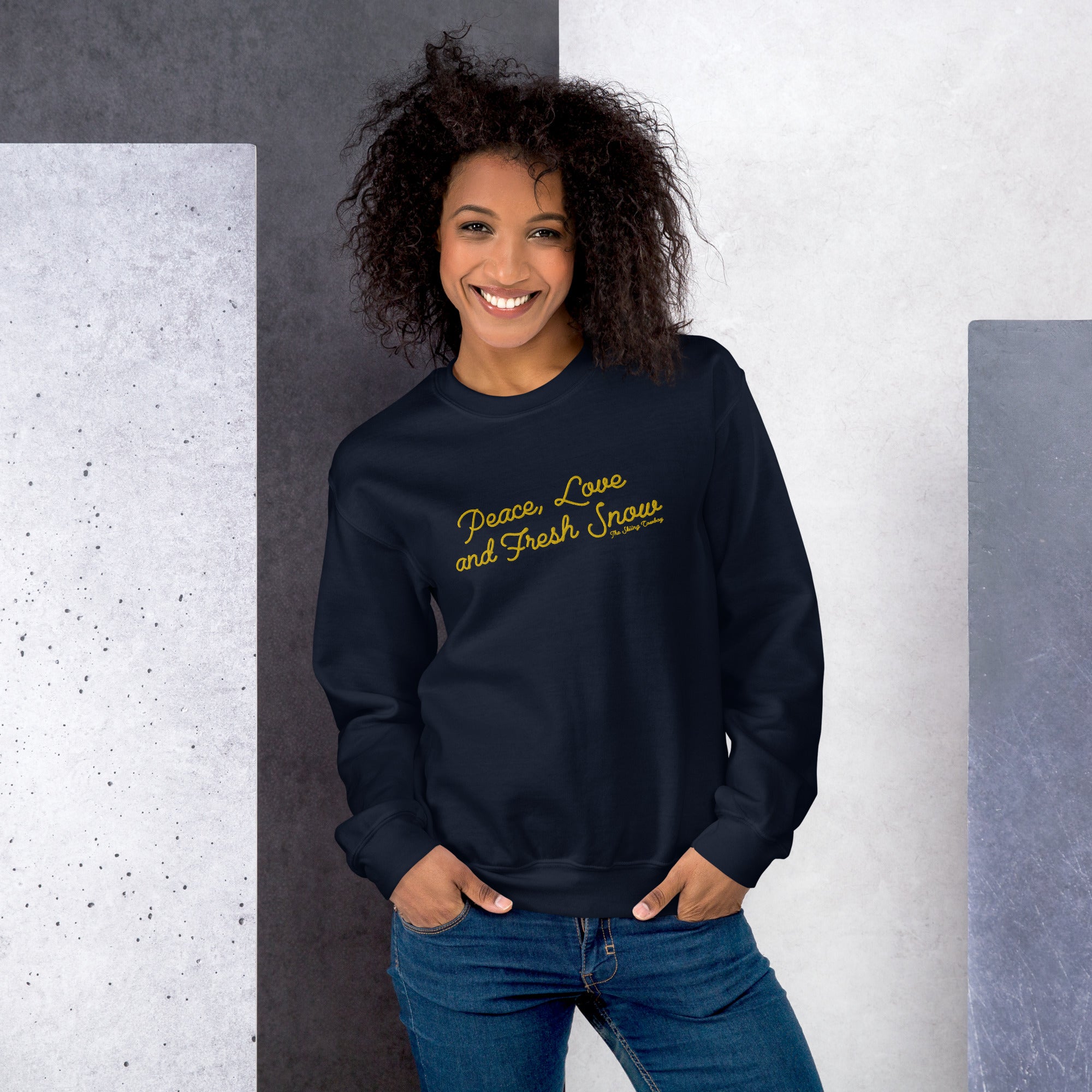 Sweat Unisexe à Col Rond Peace, Love and Fresh Snow grand motif brodé