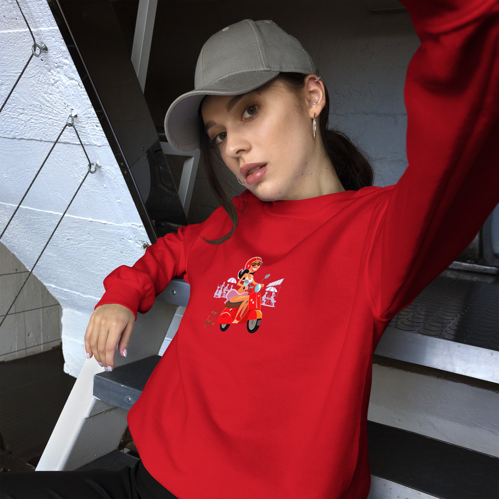 Sweat Unisexe à Col Rond Vespa Girl in St Tropez sur couleurs claires