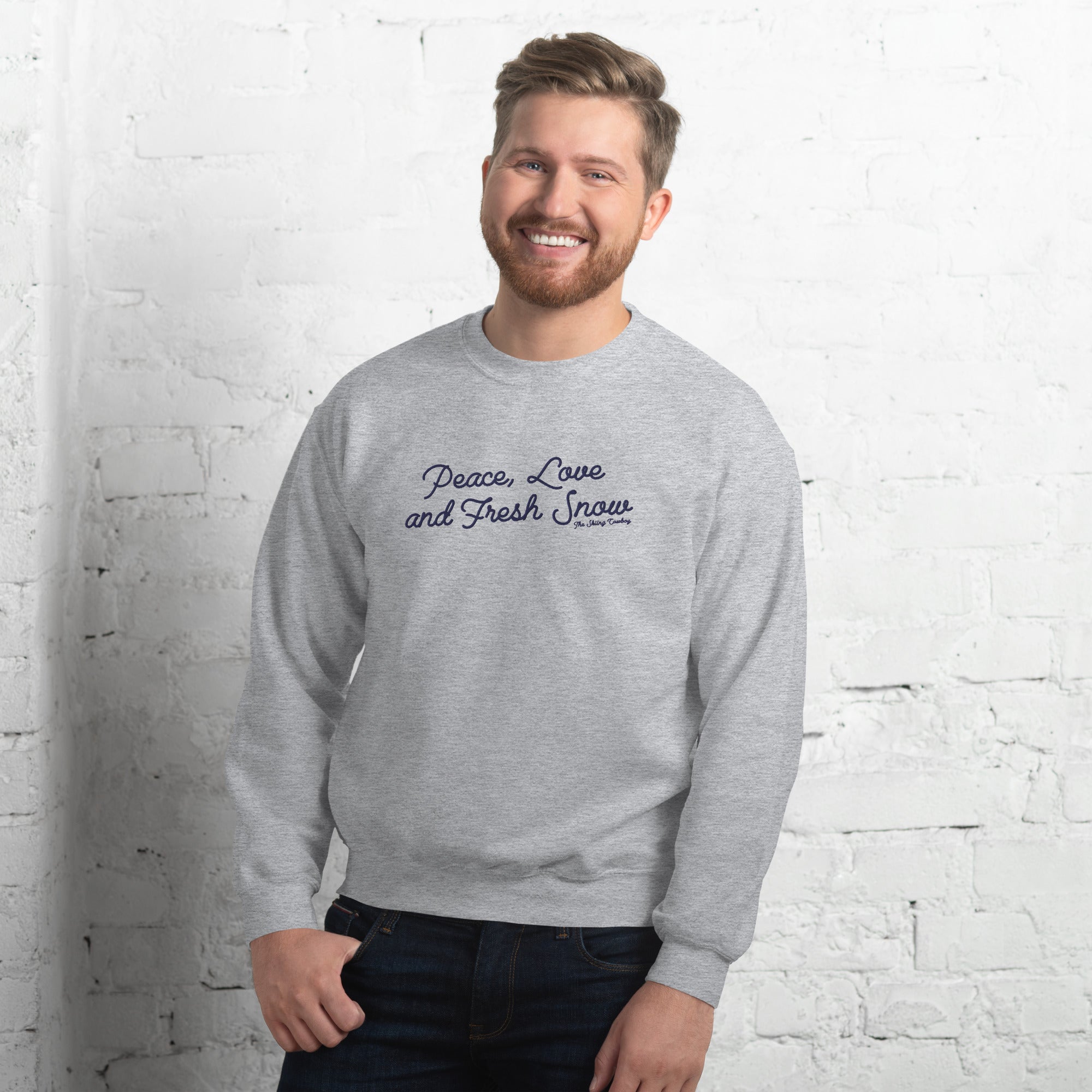 Unisex Sweatshirt Peace, Love and Fresh Snow large navy embroidered pattern