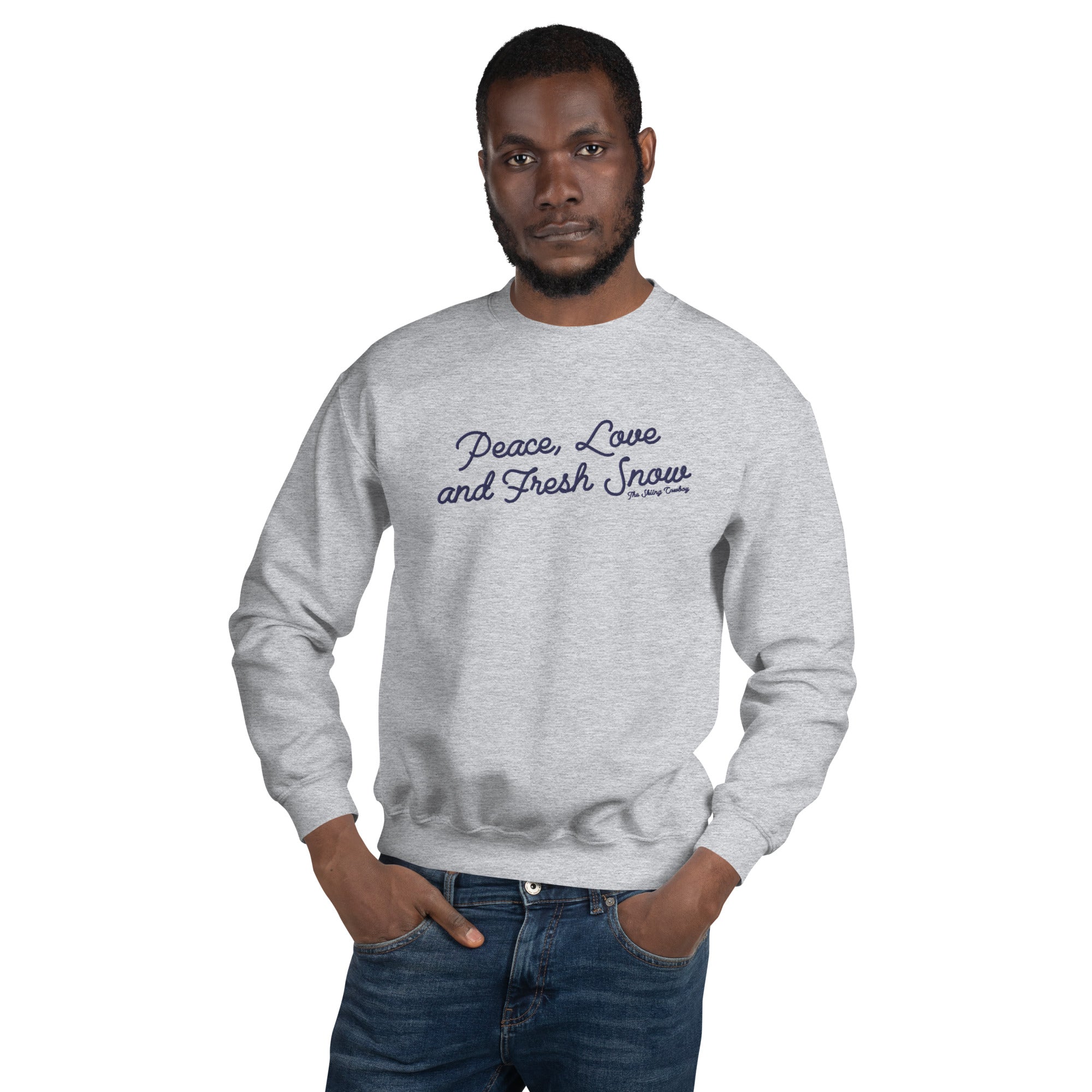 Unisex Sweatshirt Peace, Love and Fresh Snow large navy embroidered pattern