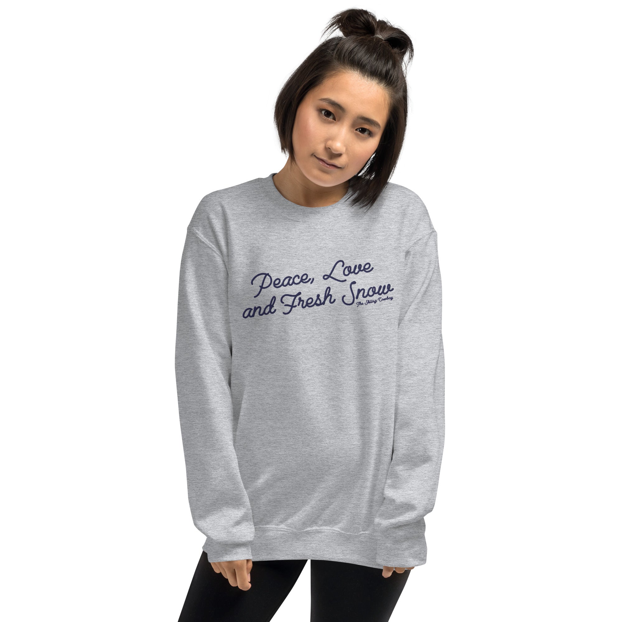 Unisex Sweatshirt Peace, Love and Fresh Snow large navy embroidered pattern