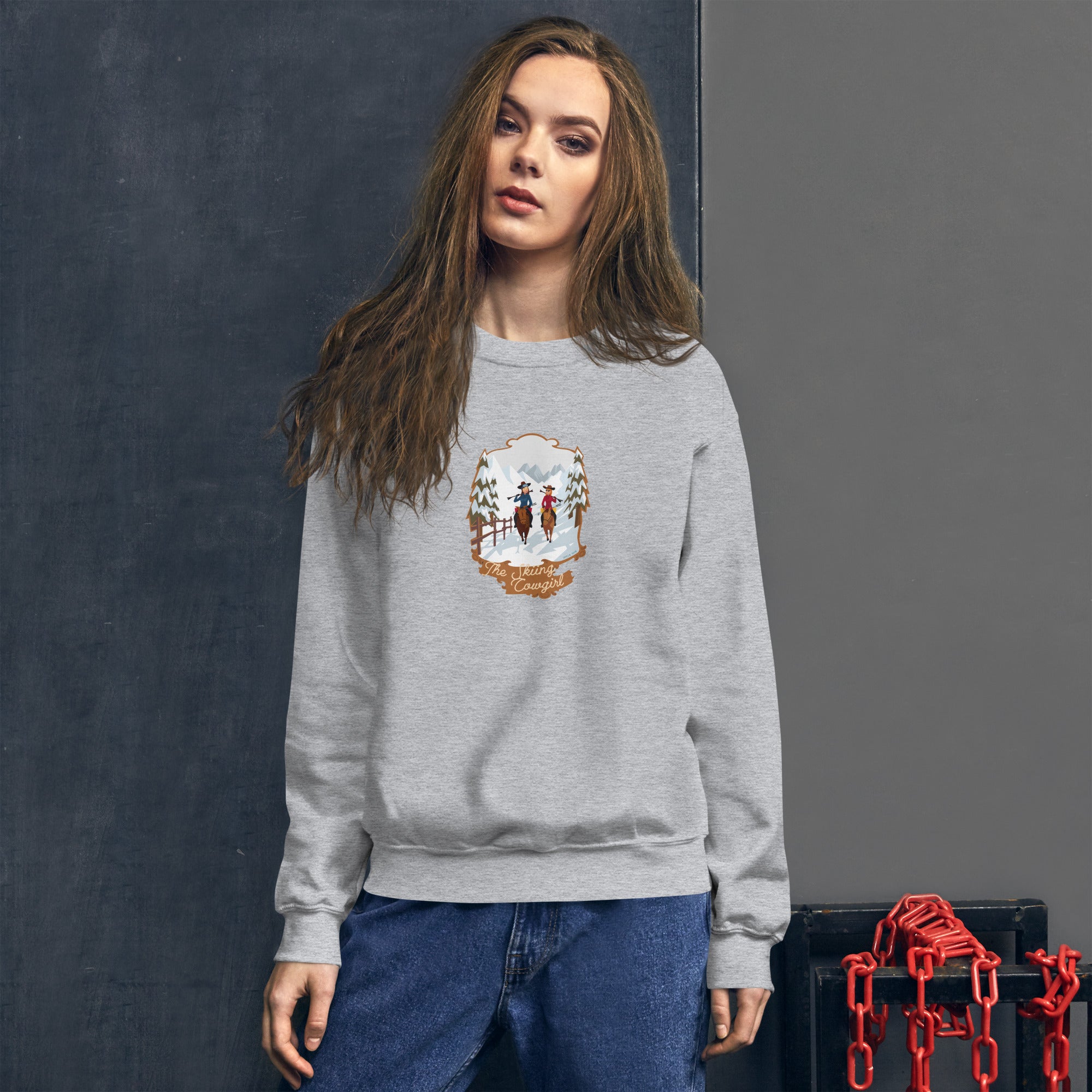Unisex Sweatshirt The Skiing Cowgirl on light colors (front & back)