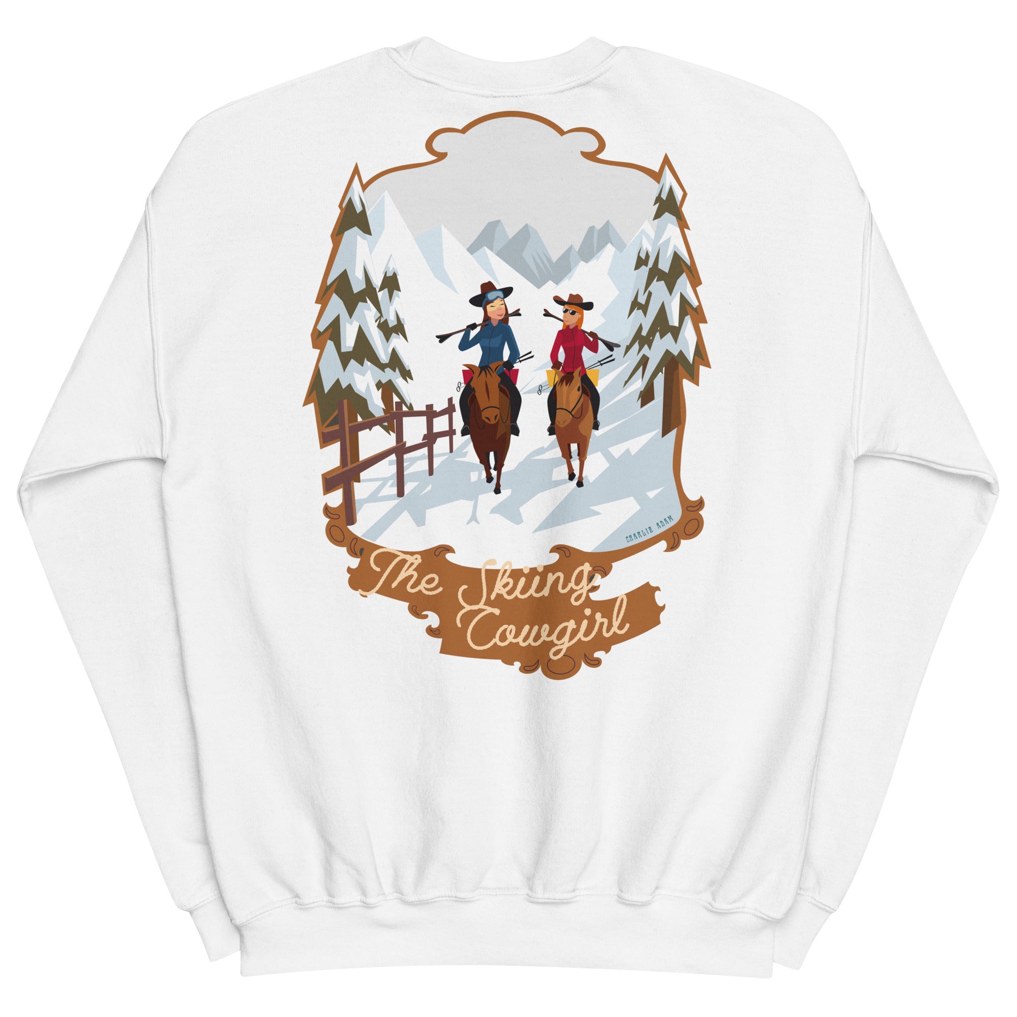 Sweat Unisexe à Col Rond The Skiing Cowgirl (face & dos) sur couleurs claires