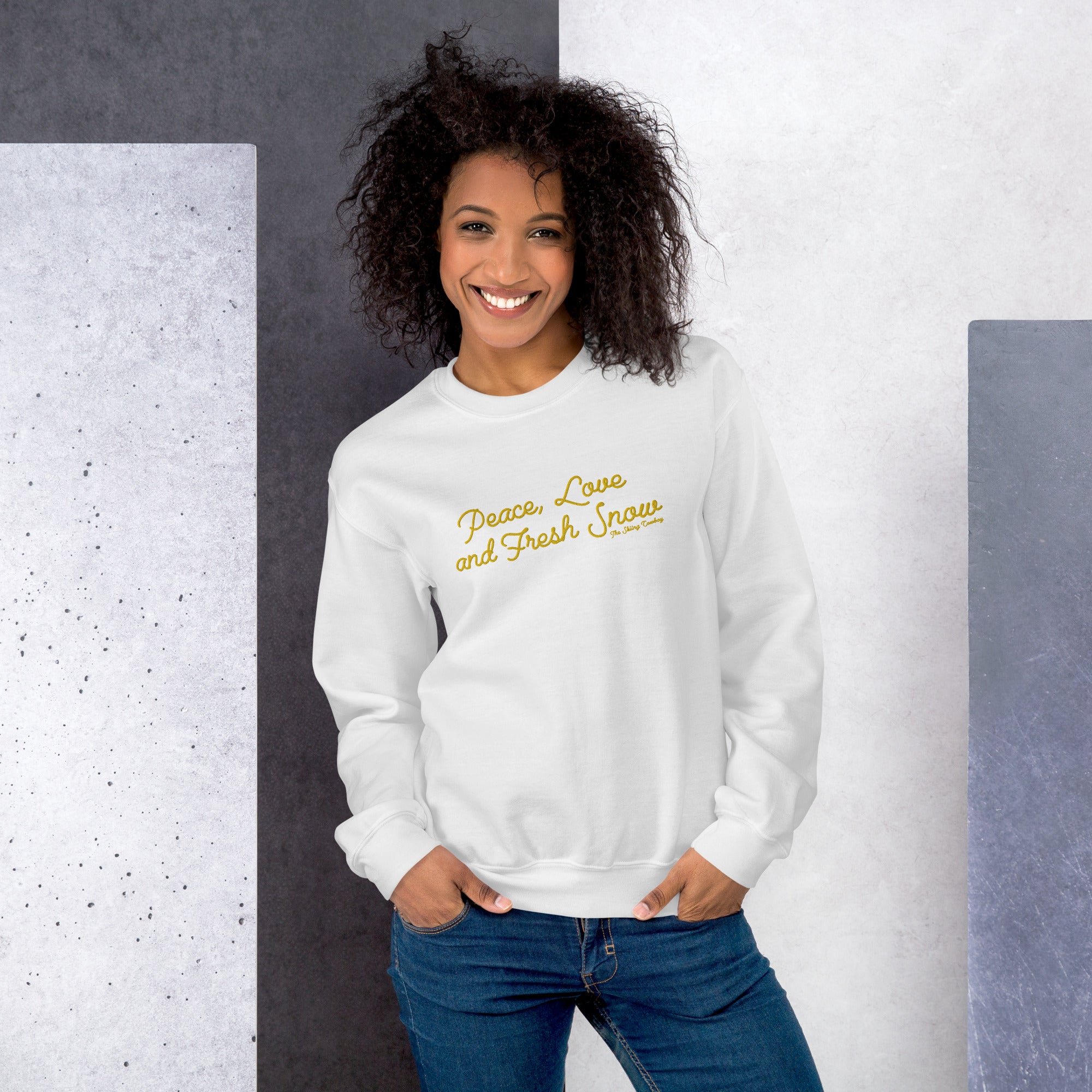 Sweat Unisexe à Col Rond Peace, Love and Fresh Snow grand motif brodé