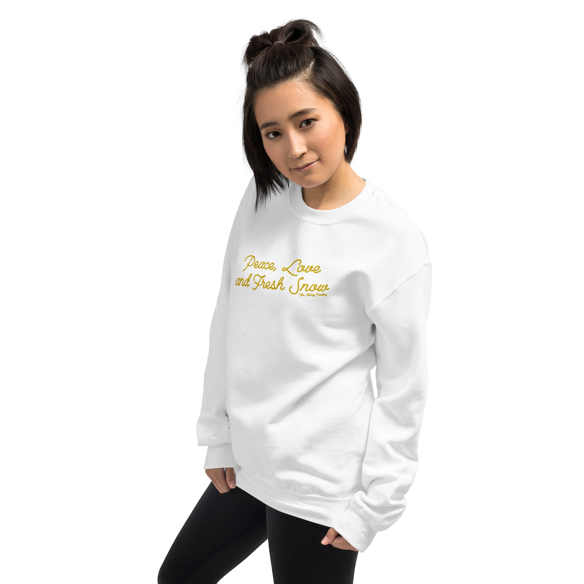 Sweat Unisexe à Col Rond Peace, Love and Fresh Snow grand motif brodé