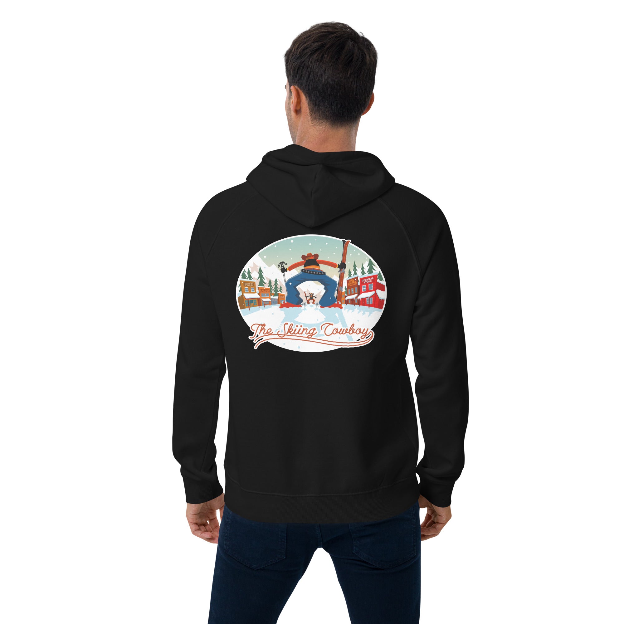 Unisex eco raglan hoodie Skiing Duel (front & back)