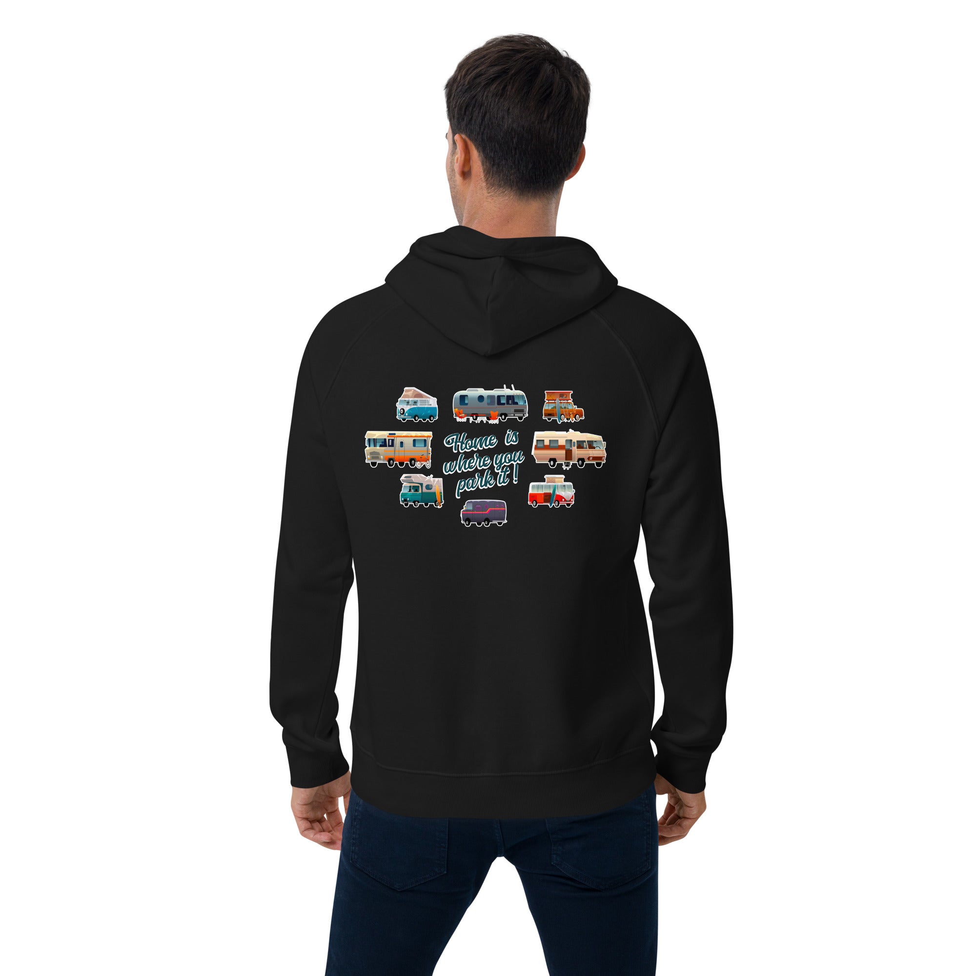 Unisex eco raglan hoodie Square Vintage Campers Home is where you park it white embroidered pattern