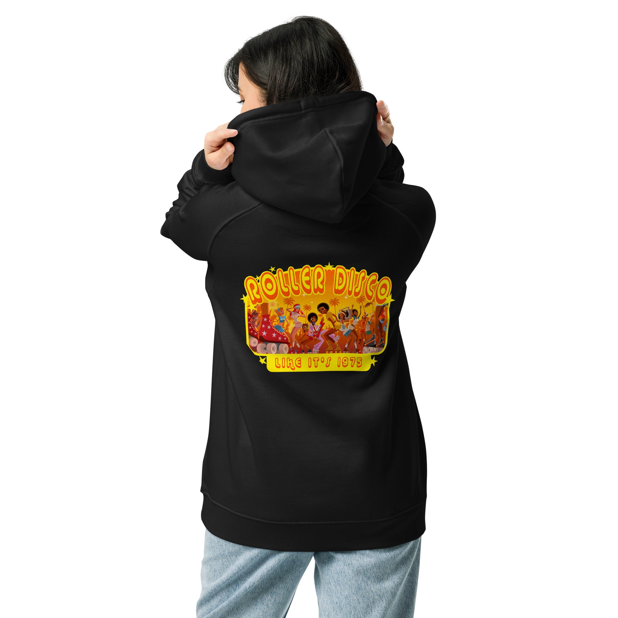 Unisex eco raglan hoodie Roller Disco (front & back)