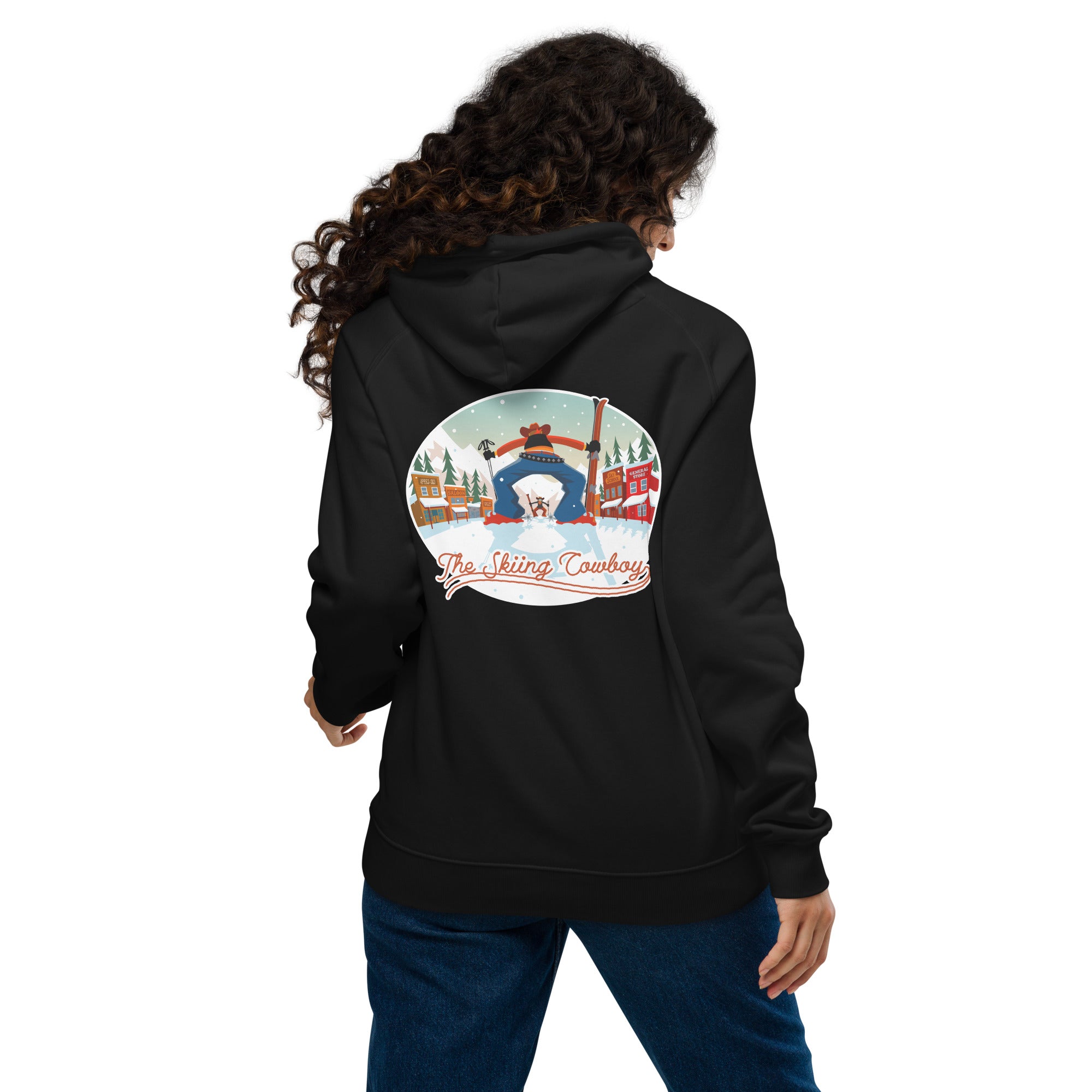 Unisex eco raglan hoodie Skiing Duel (front & back)