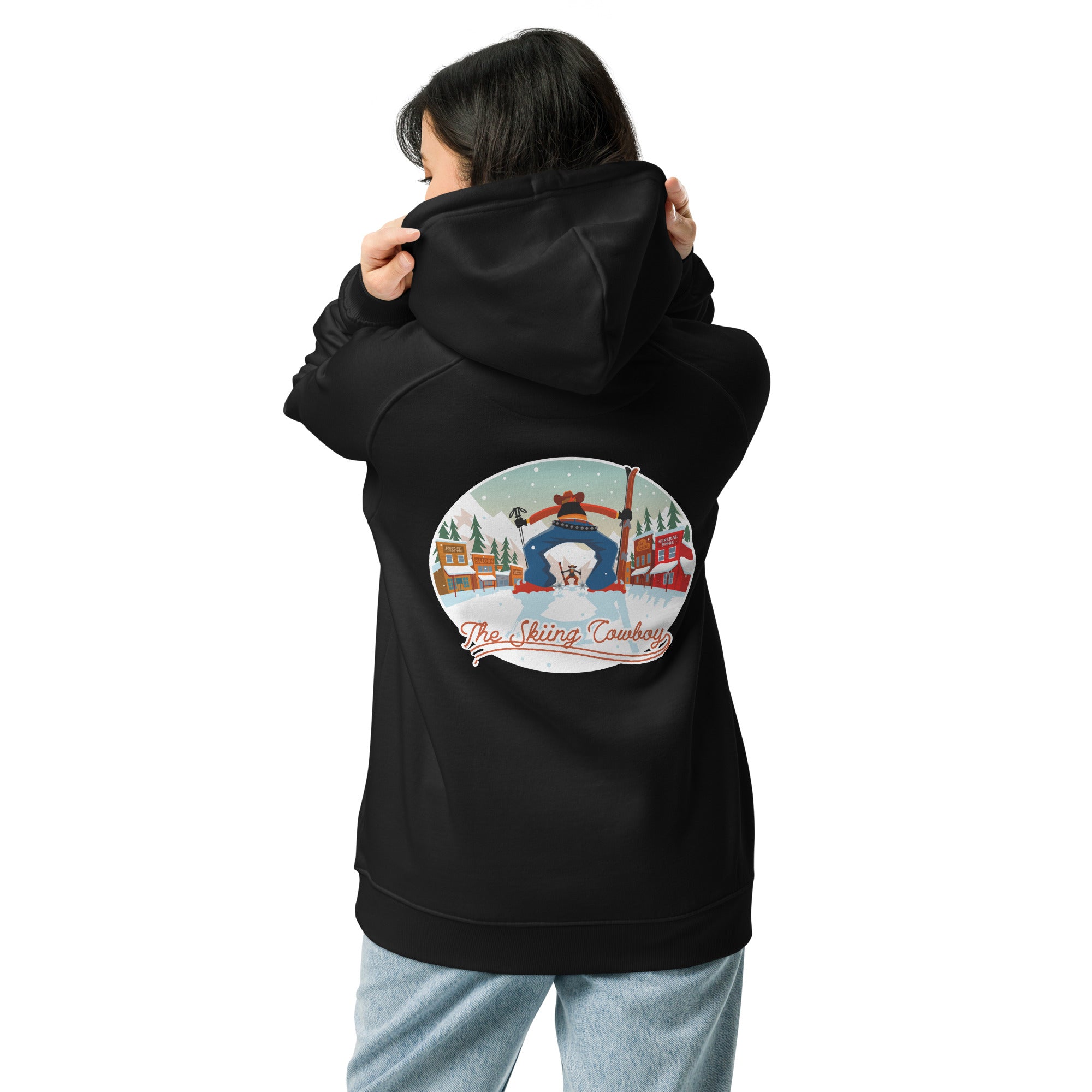 Unisex eco raglan hoodie Skiing Duel (front & back)