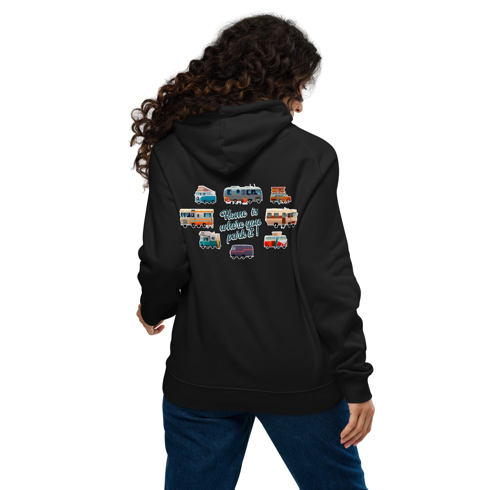 Unisex eco raglan hoodie Square Vintage Campers Home is where you park it white embroidered pattern