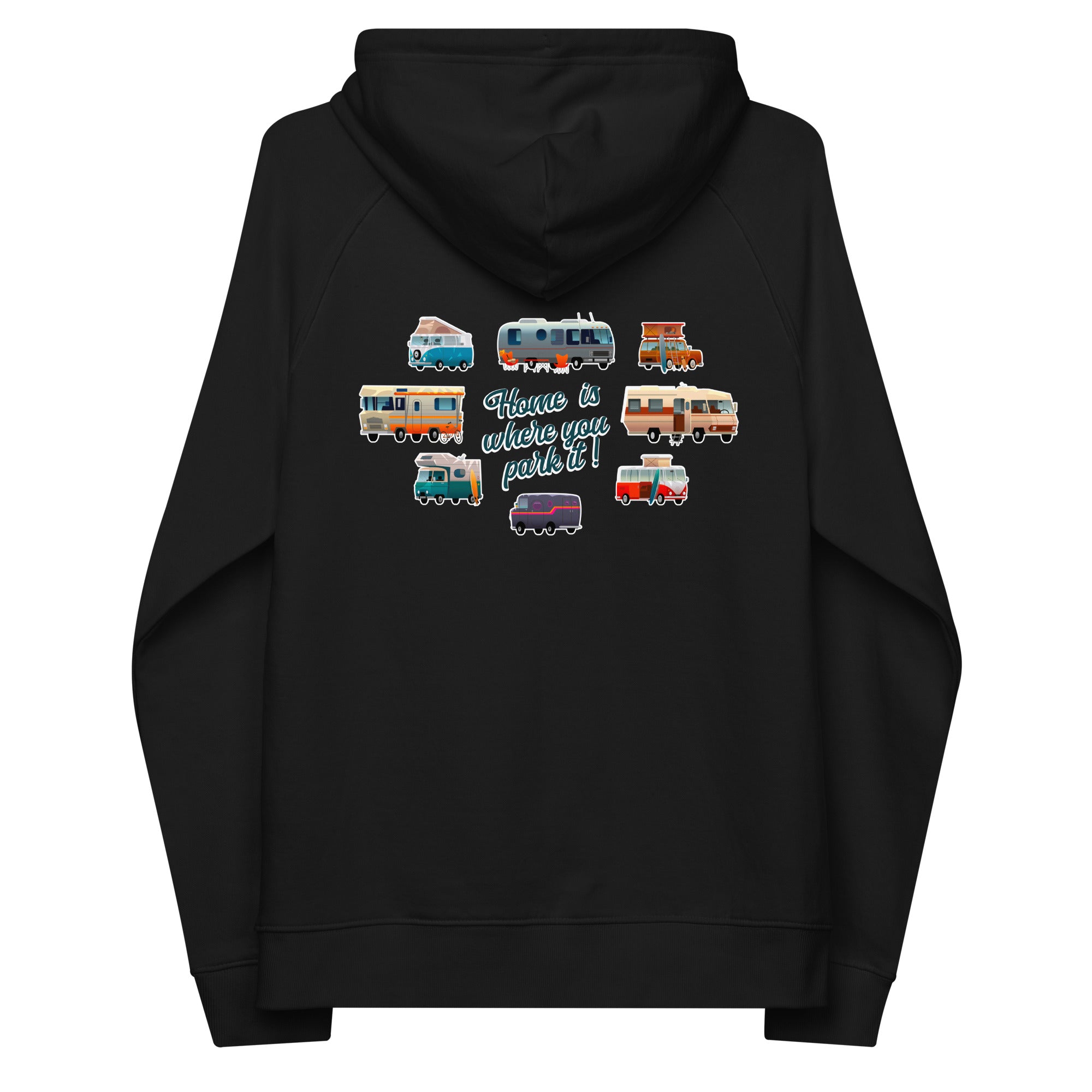 Sweat à capuche écologique Raglan unisexe Square Vintage Campers Home is where you park it brodé blanc