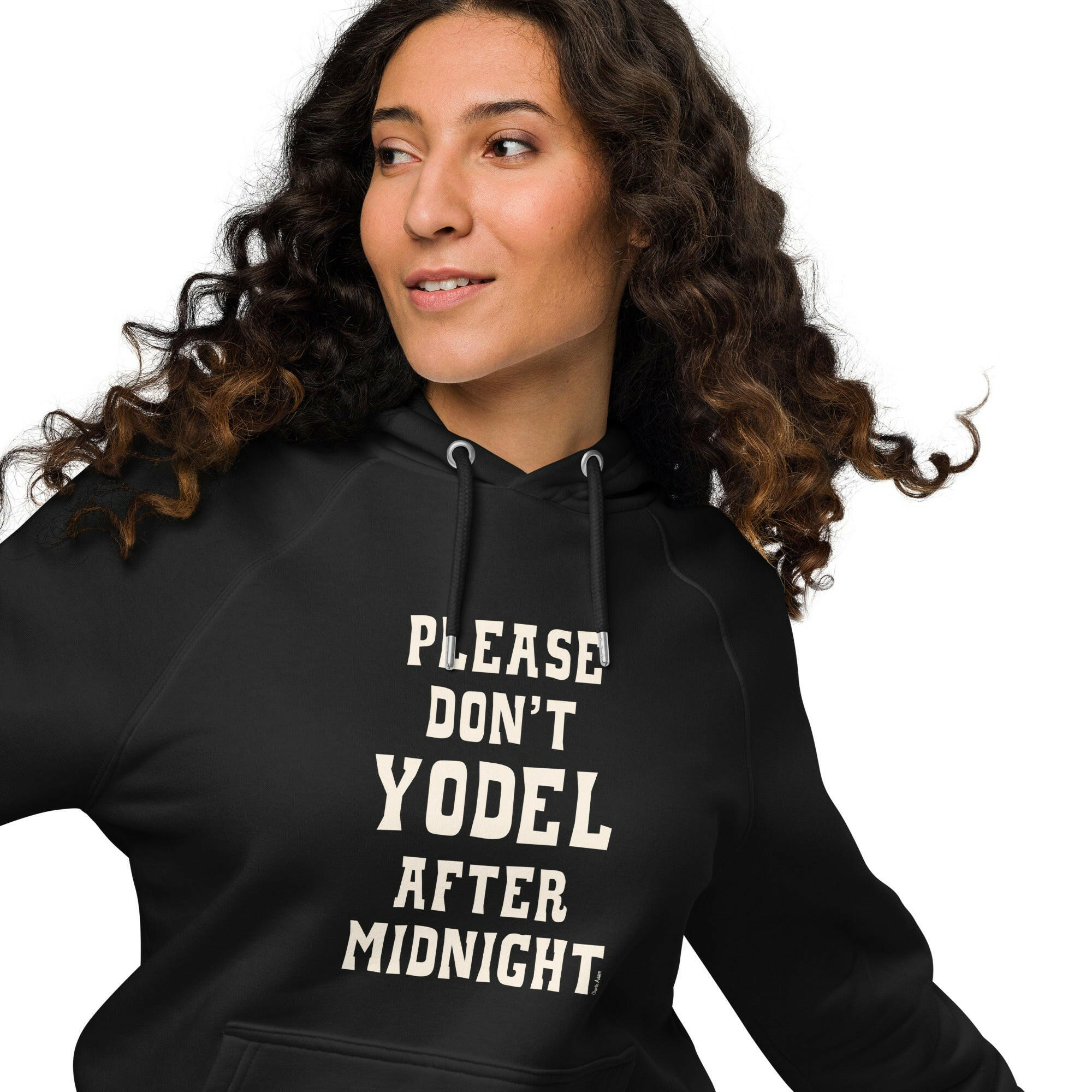 Unisex eco raglan hoodie Don't Yodel After Midnight on dark colors