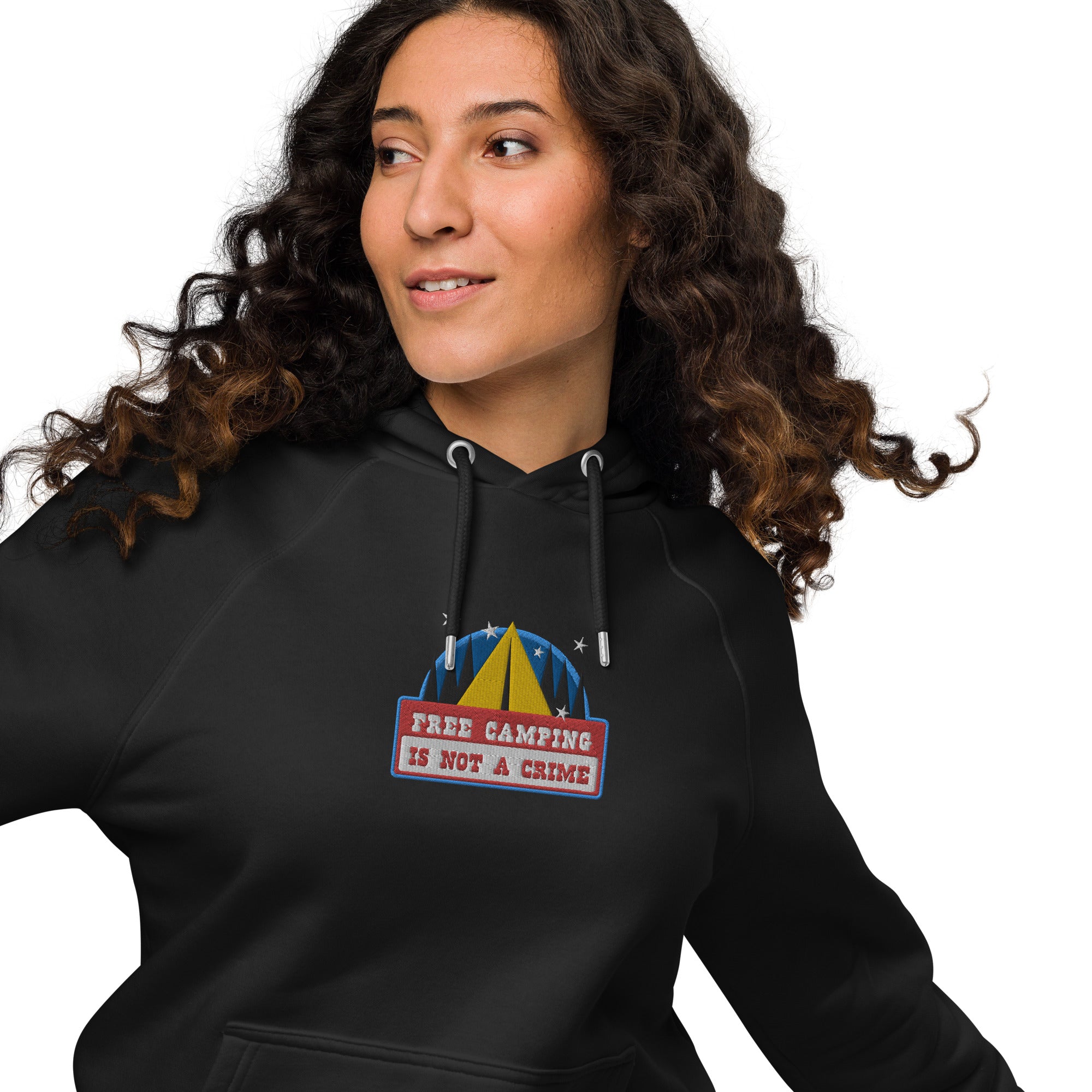 Unisex eco raglan hoodie Free camping is not a crime graphic multicolor embroidered pattern