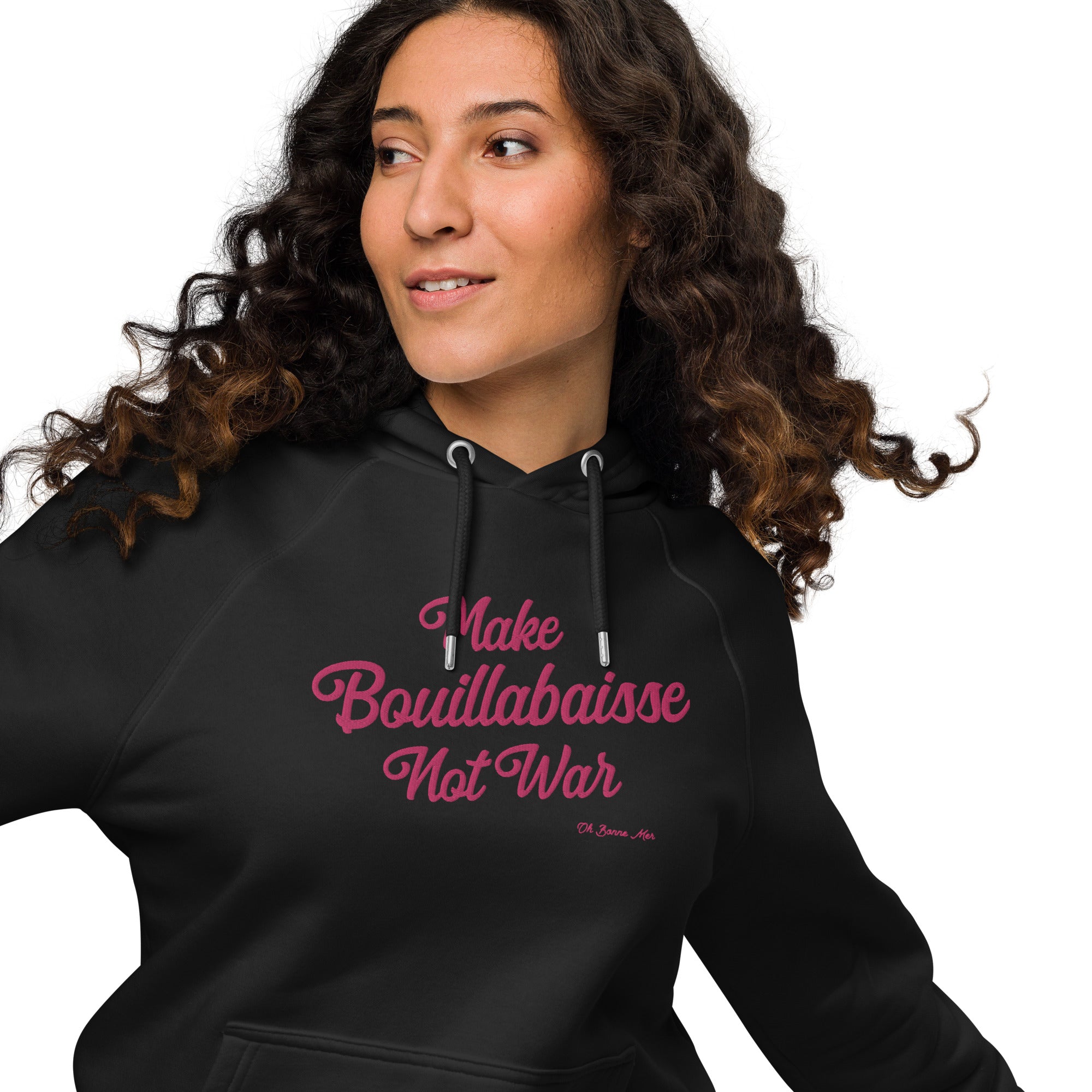 Unisex eco raglan hoodie Make Bouillabaisse Not War large flamingo embroidered pattern