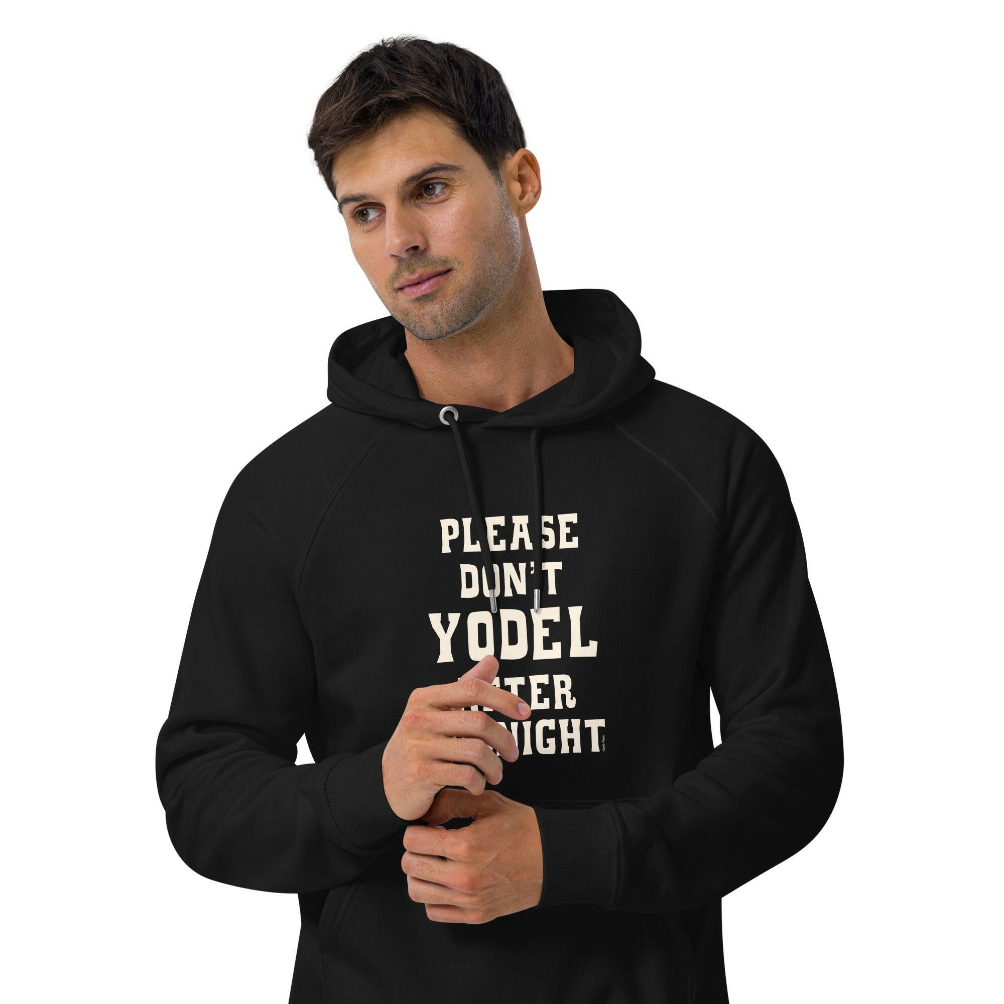 Unisex eco raglan hoodie Don't Yodel After Midnight on dark colors