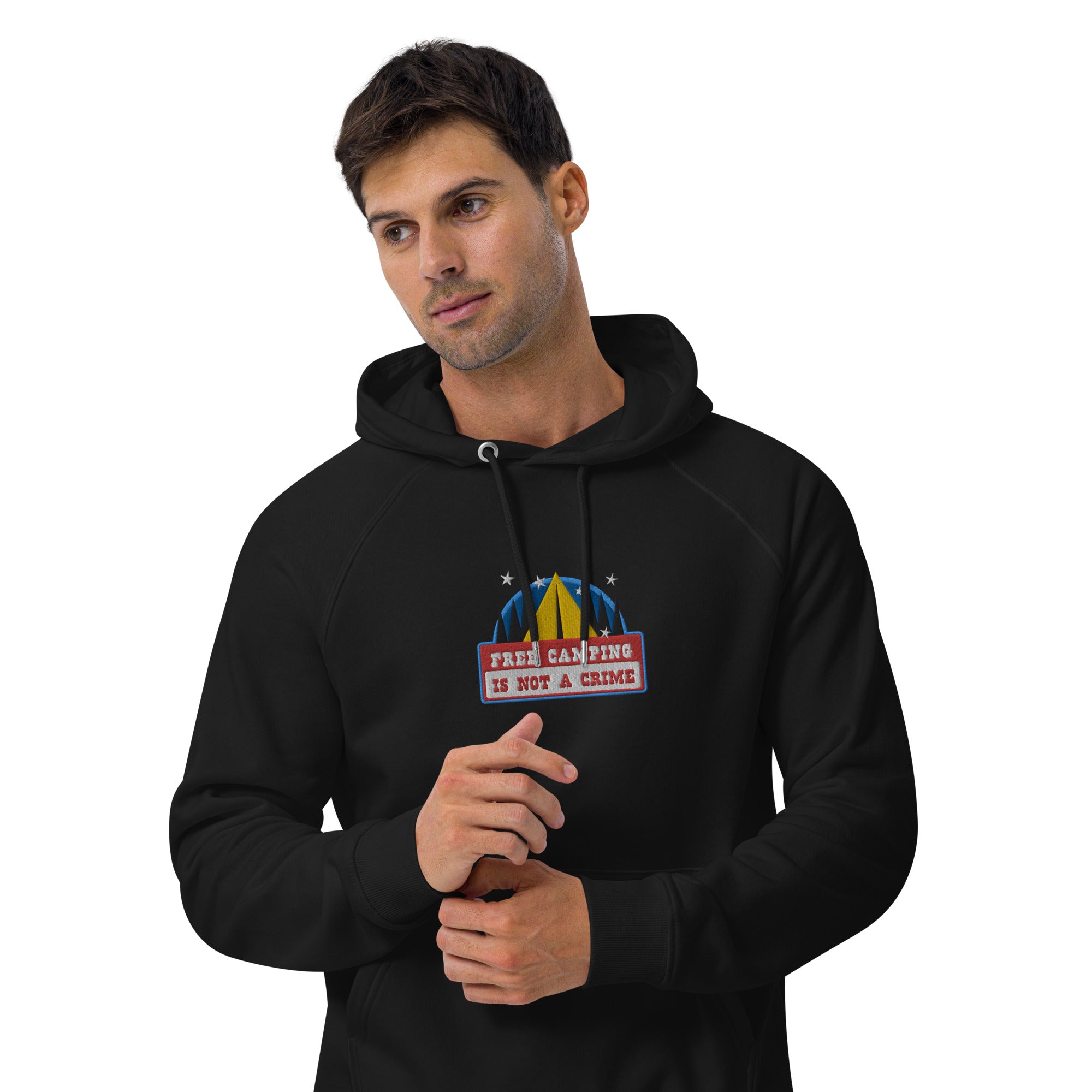 Unisex eco raglan hoodie Free camping is not a crime graphic multicolor embroidered pattern