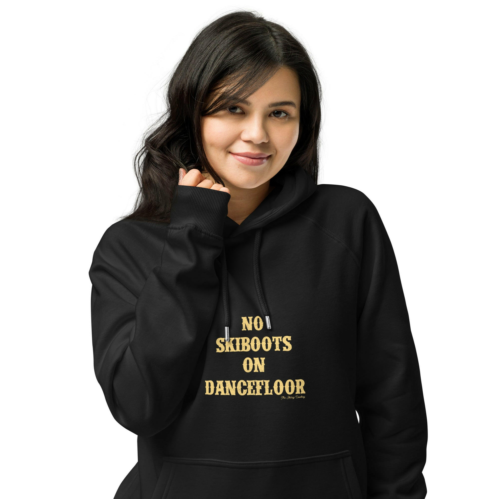 Unisex eco raglan hoodie No Skiboots on Dancefloor on dark colors