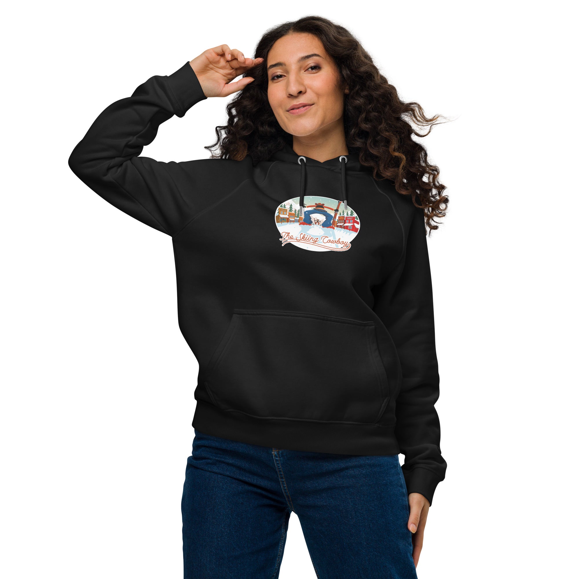 Unisex eco raglan hoodie Skiing Duel (front & back)