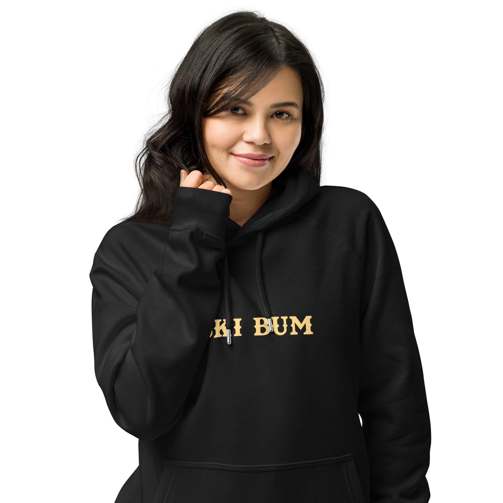 Unisex eco raglan hoodie Ski Bum light text