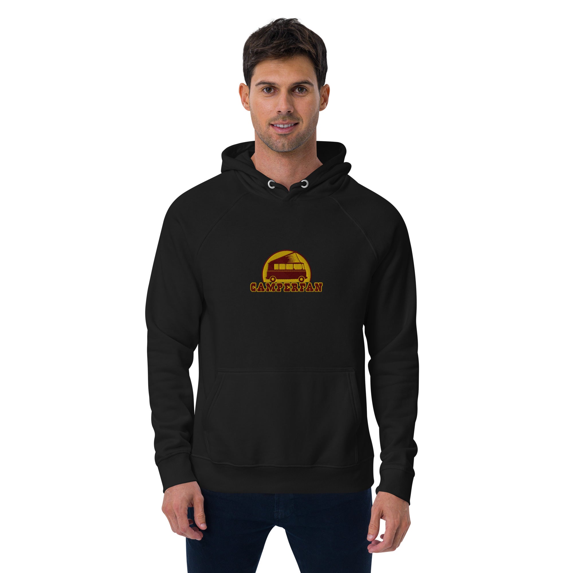 Unisex eco raglan hoodie maroon/gold embroidered pattern