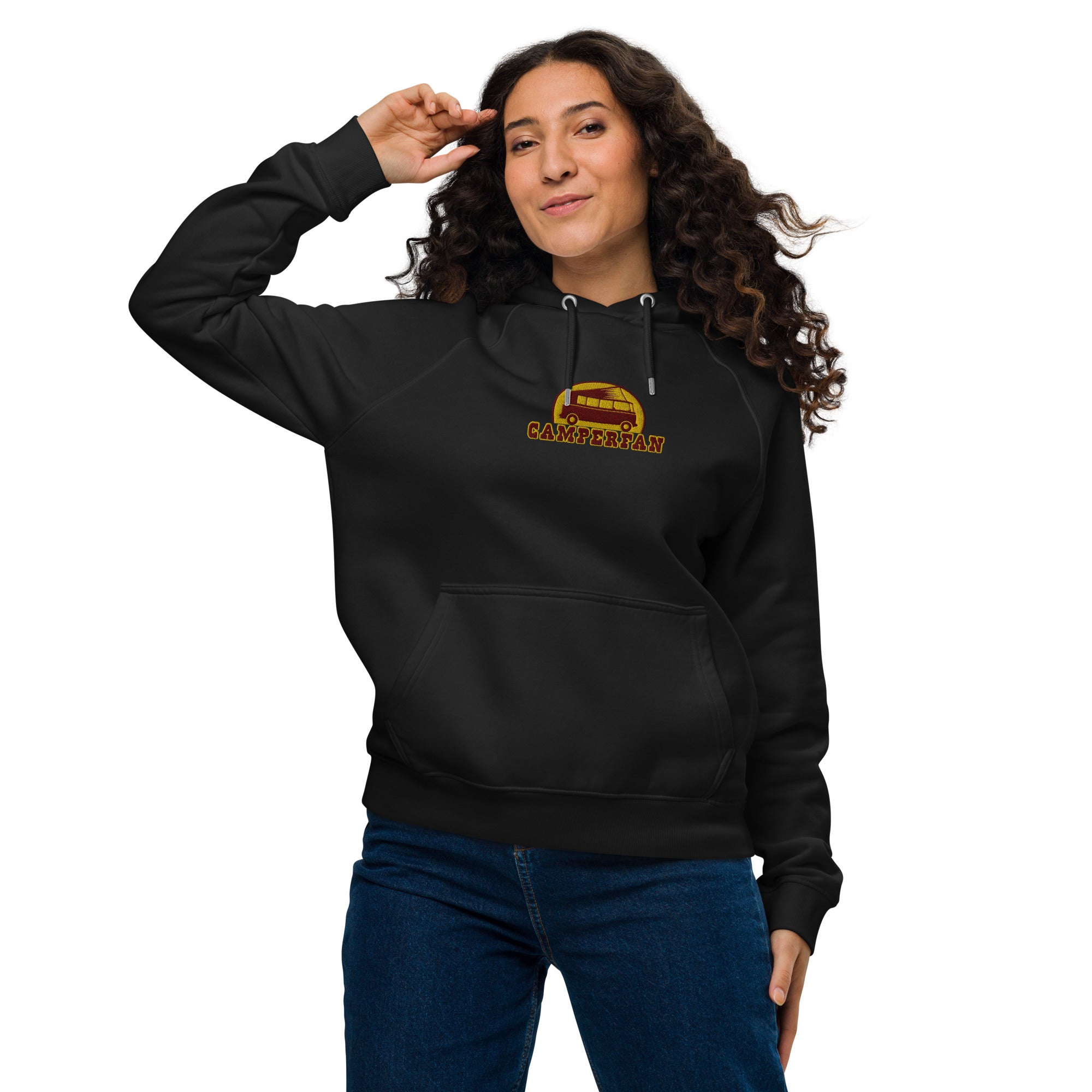 Unisex eco raglan hoodie maroon/gold embroidered pattern