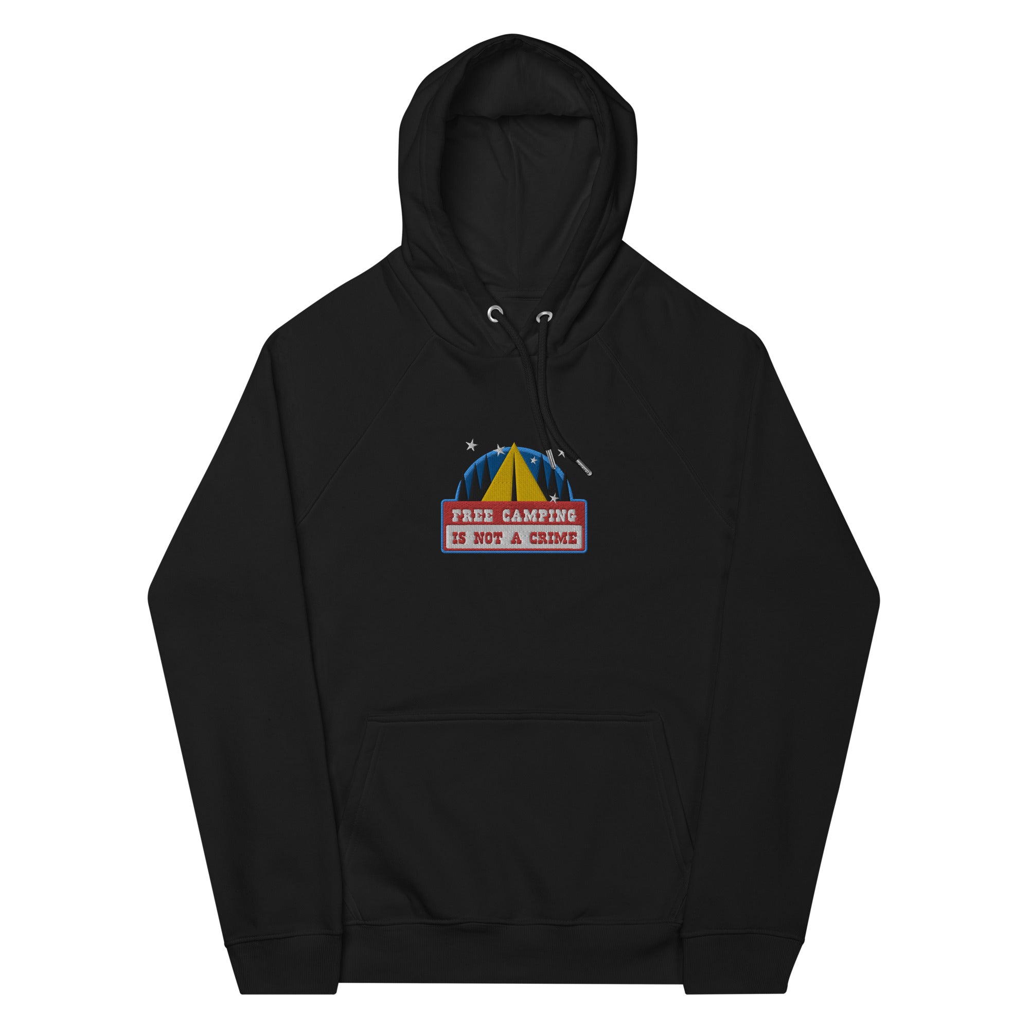 Unisex eco raglan hoodie Free camping is not a crime graphic multicolor embroidered pattern