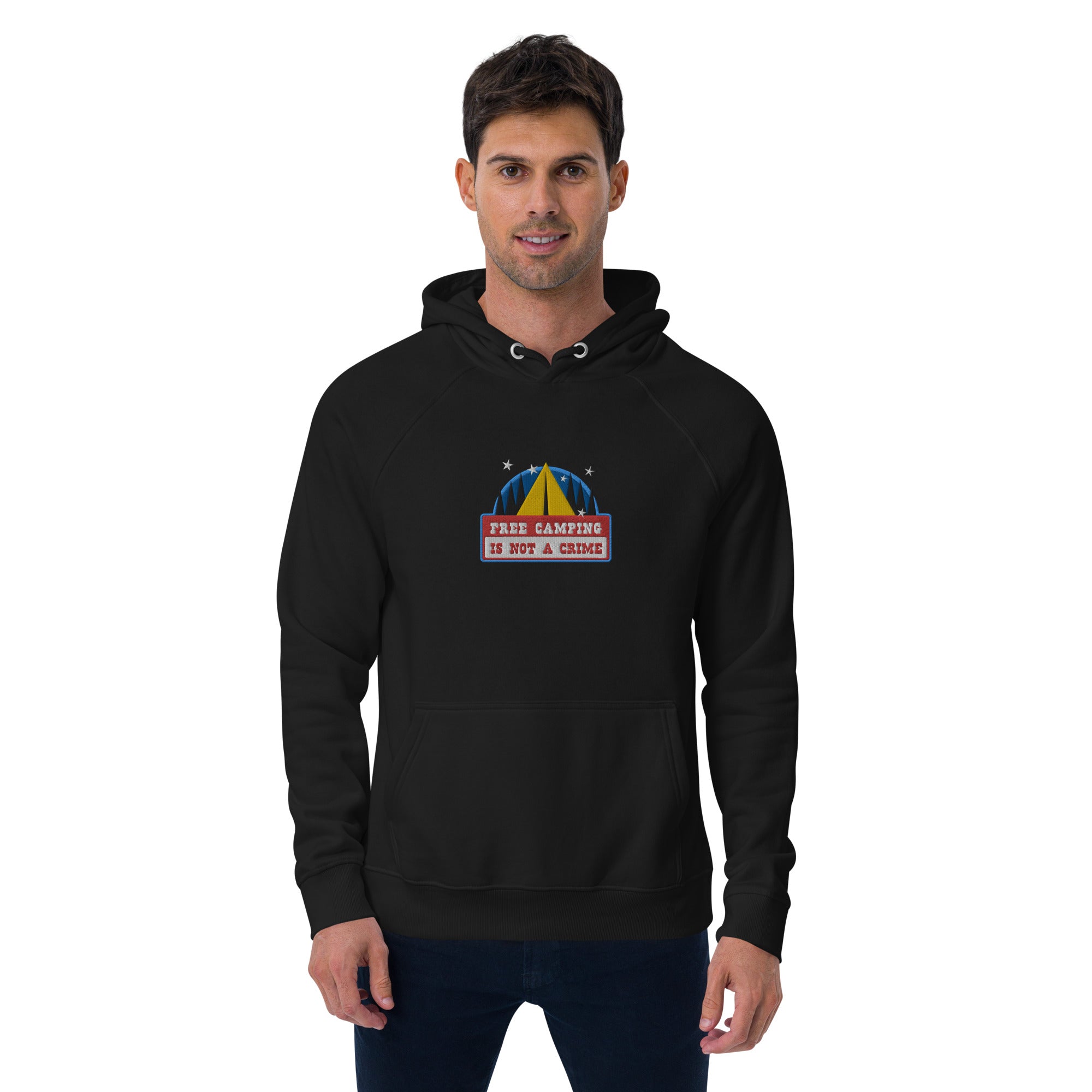 Unisex eco raglan hoodie Free camping is not a crime graphic multicolor embroidered pattern