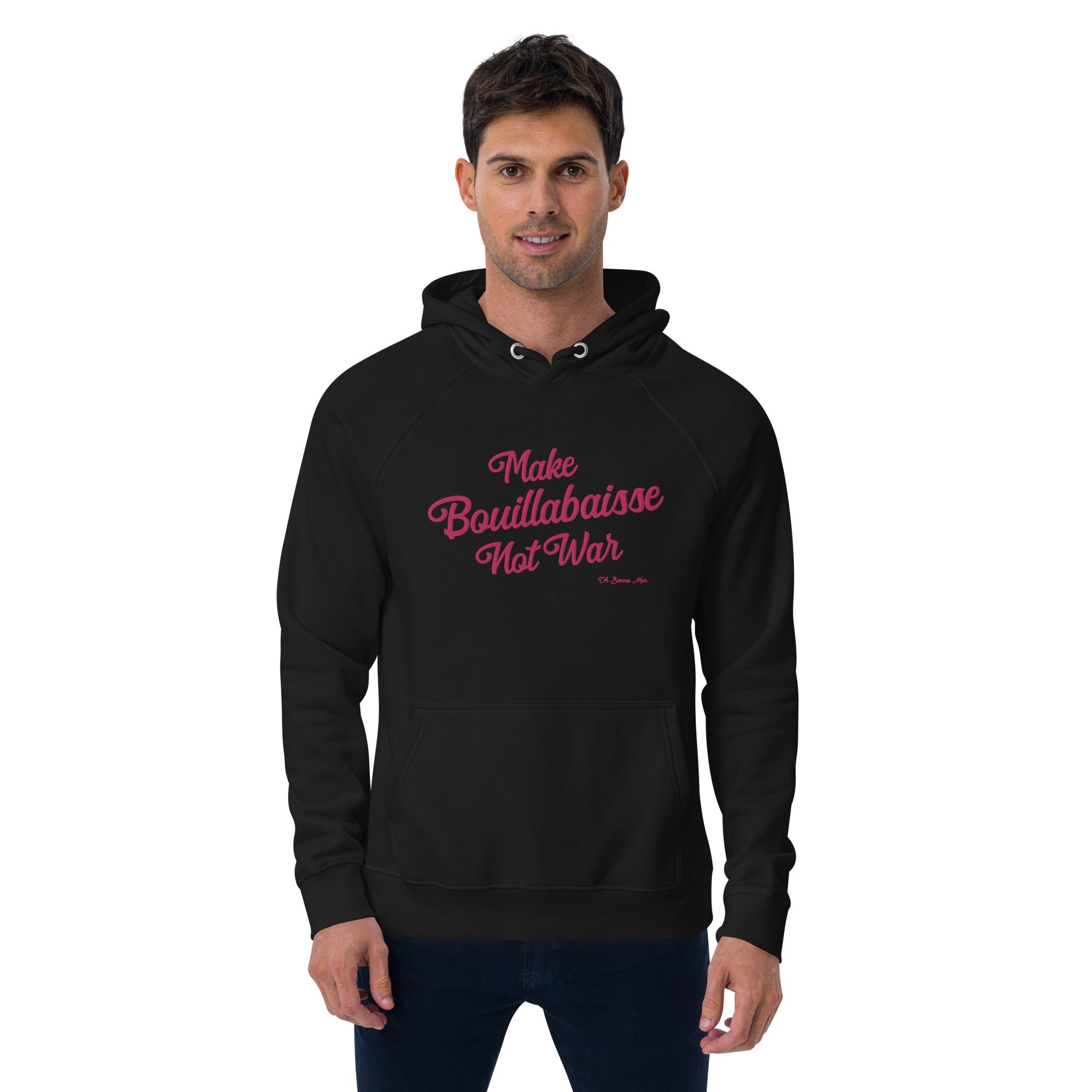 Sweat à capuche écologique Raglan unisexe Make Bouillabaisse Not War grand motif brodé flamingo