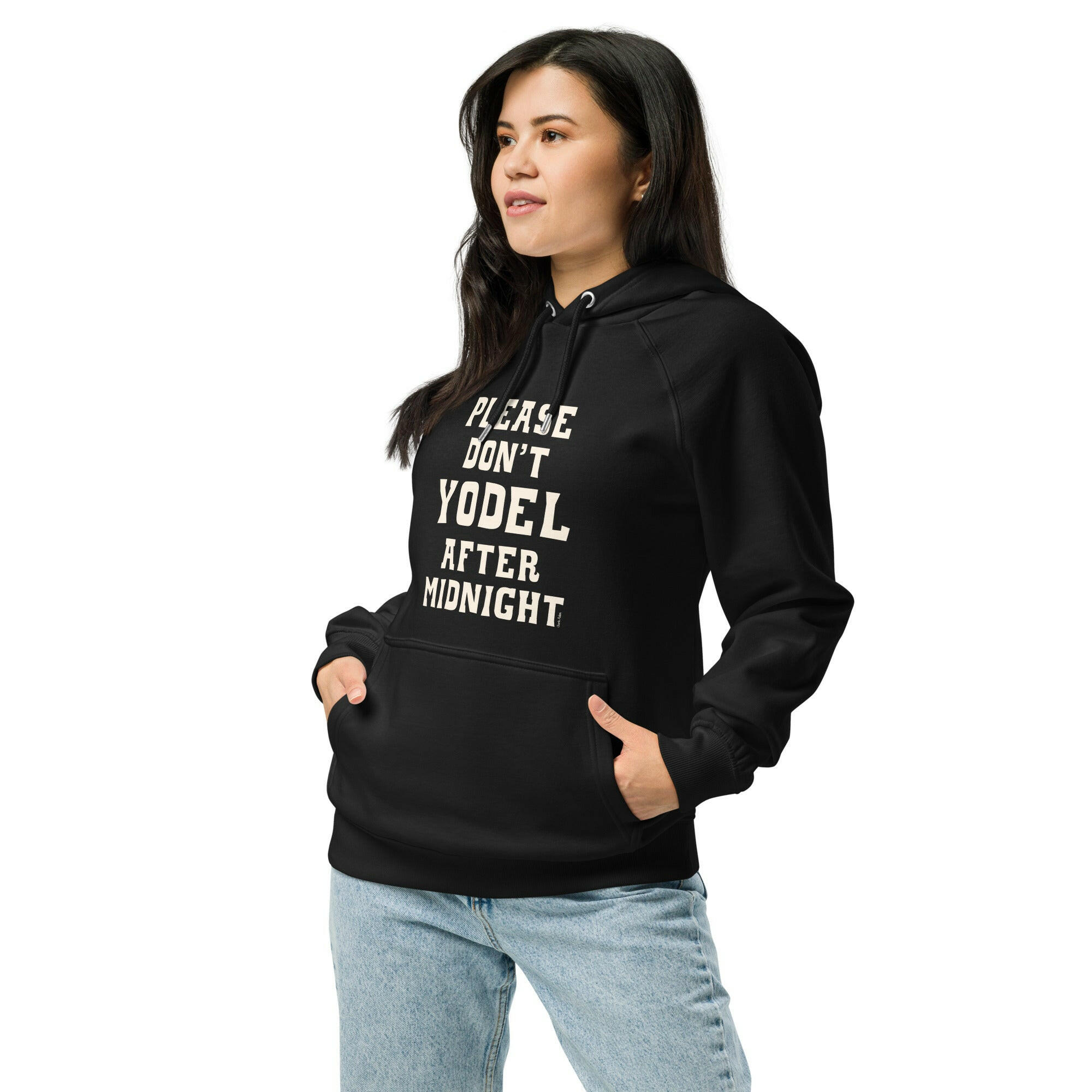 Unisex eco raglan hoodie Don't Yodel After Midnight on dark colors