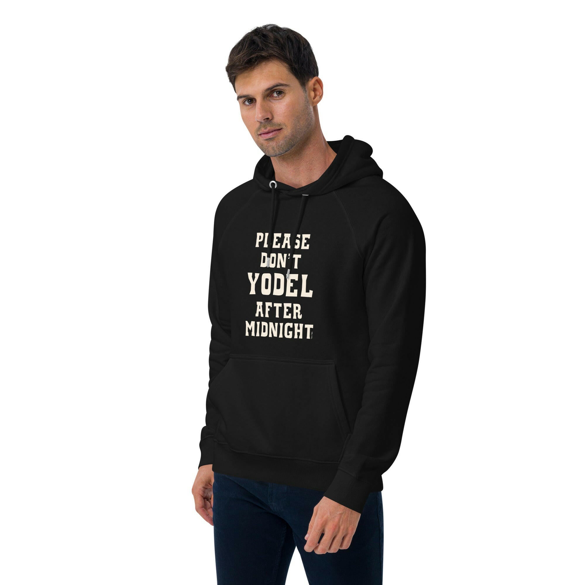 Unisex eco raglan hoodie Don't Yodel After Midnight on dark colors