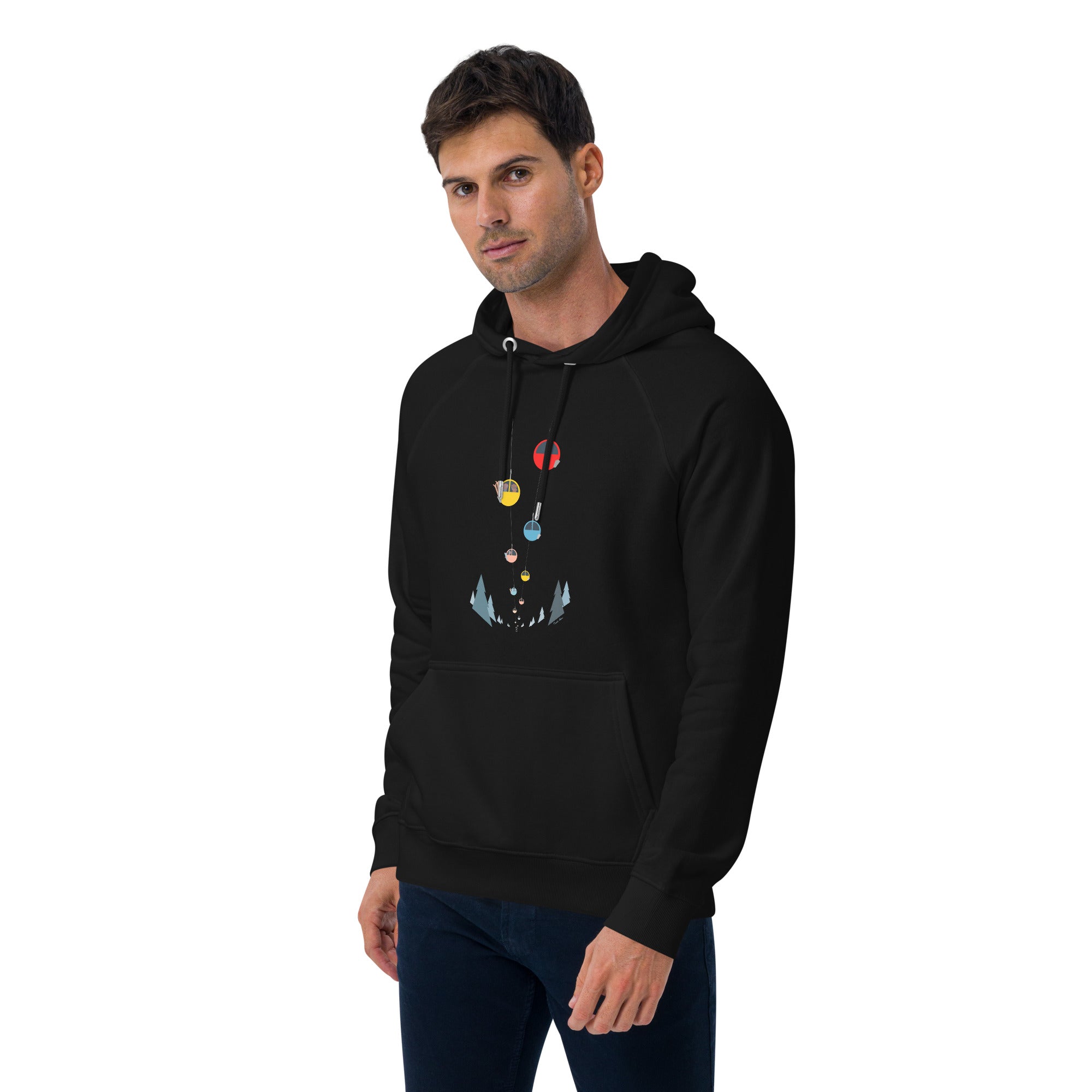 Unisex eco raglan hoodie Gondolas in the mist