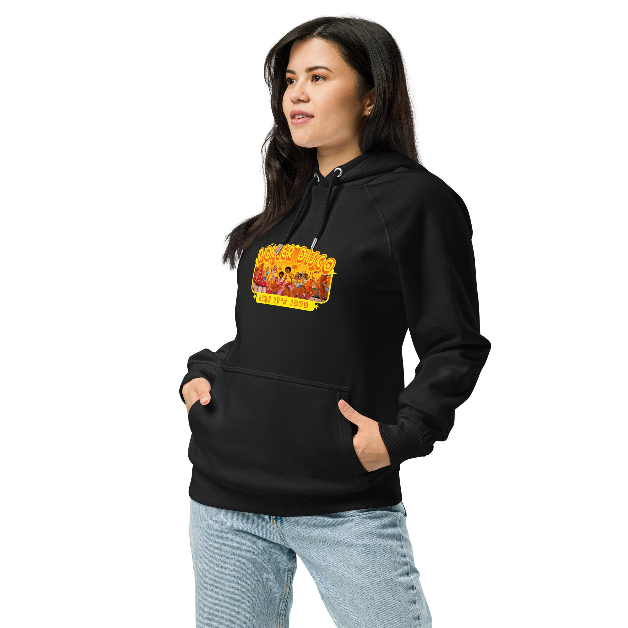 Unisex eco raglan hoodie Roller Disco (front & back)