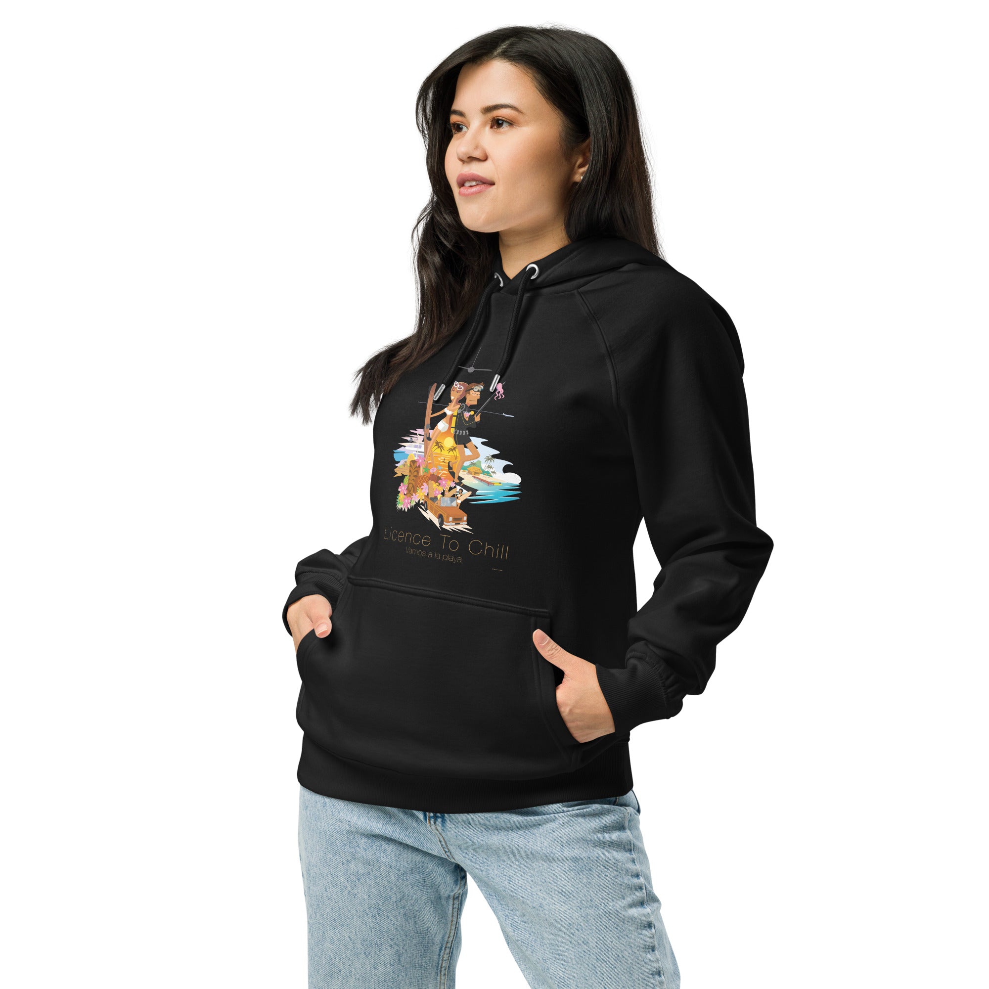 Unisex eco raglan hoodie License to Chill Vamos a la Playa