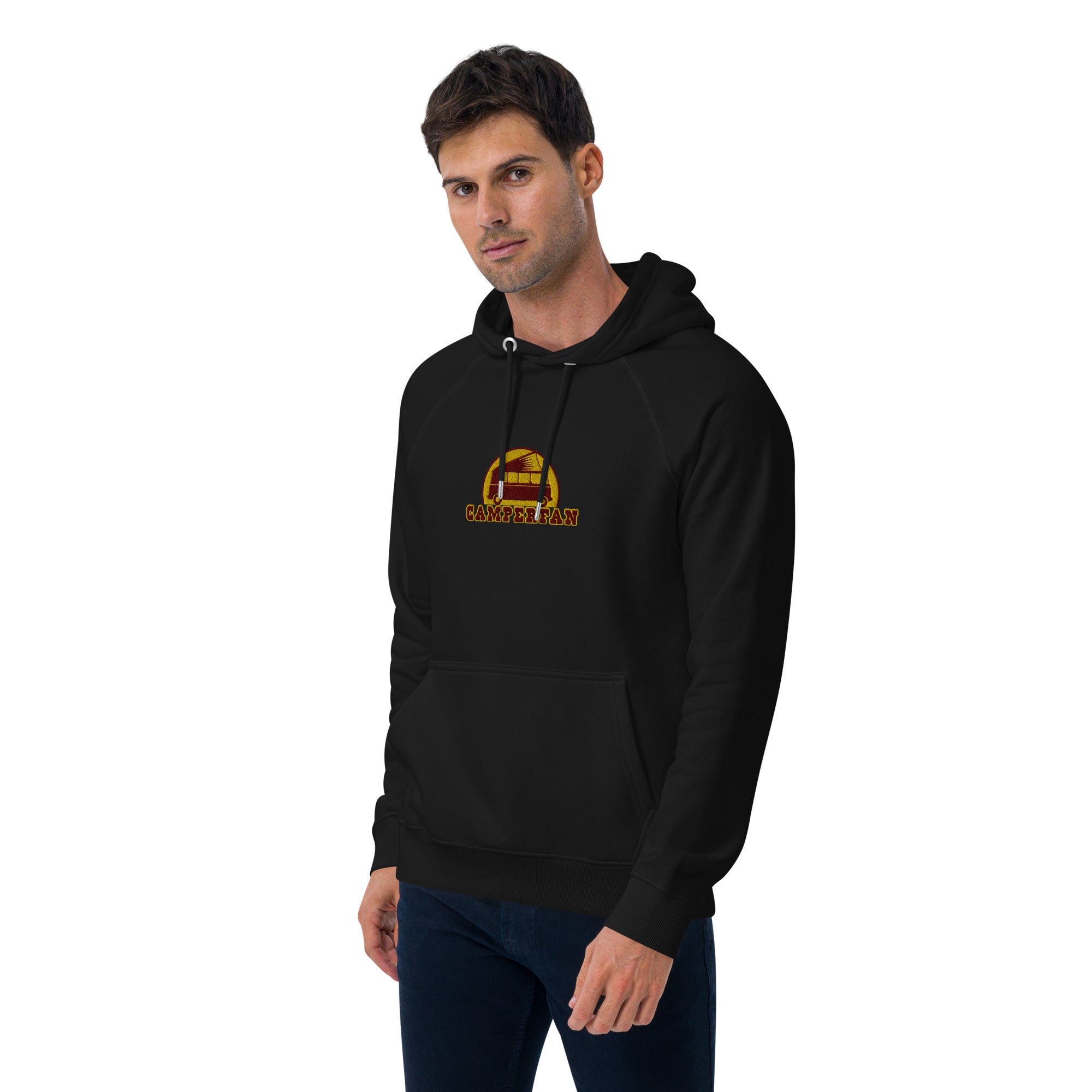 Unisex eco raglan hoodie maroon/gold embroidered pattern