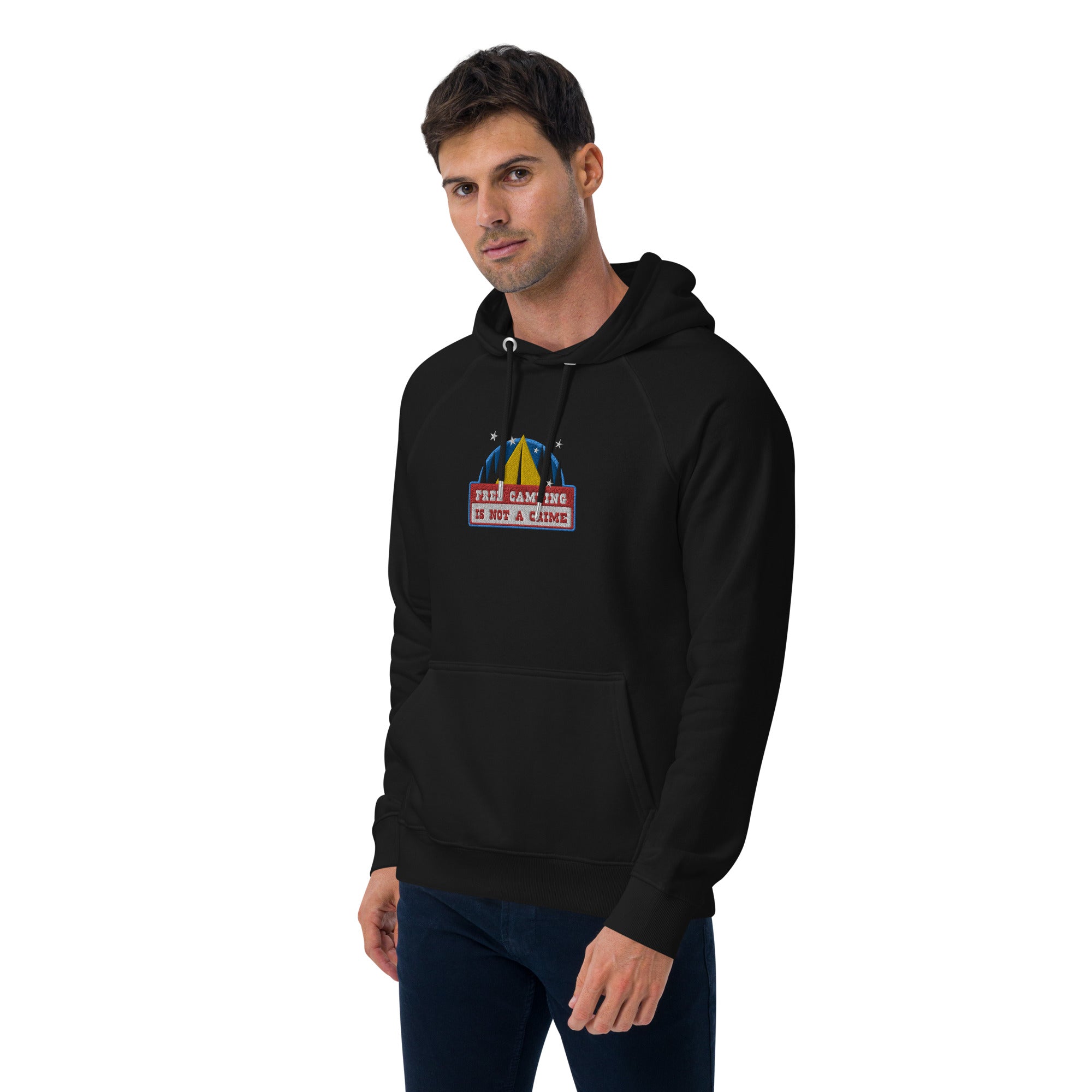 Unisex eco raglan hoodie Free camping is not a crime graphic multicolor embroidered pattern