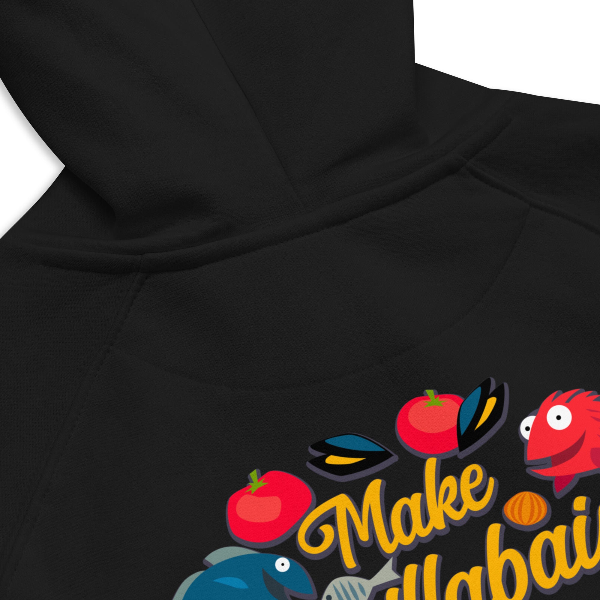 Unisex eco raglan hoodie Make Bouillabaisse Not War embroidered pattern (front) + print (back)