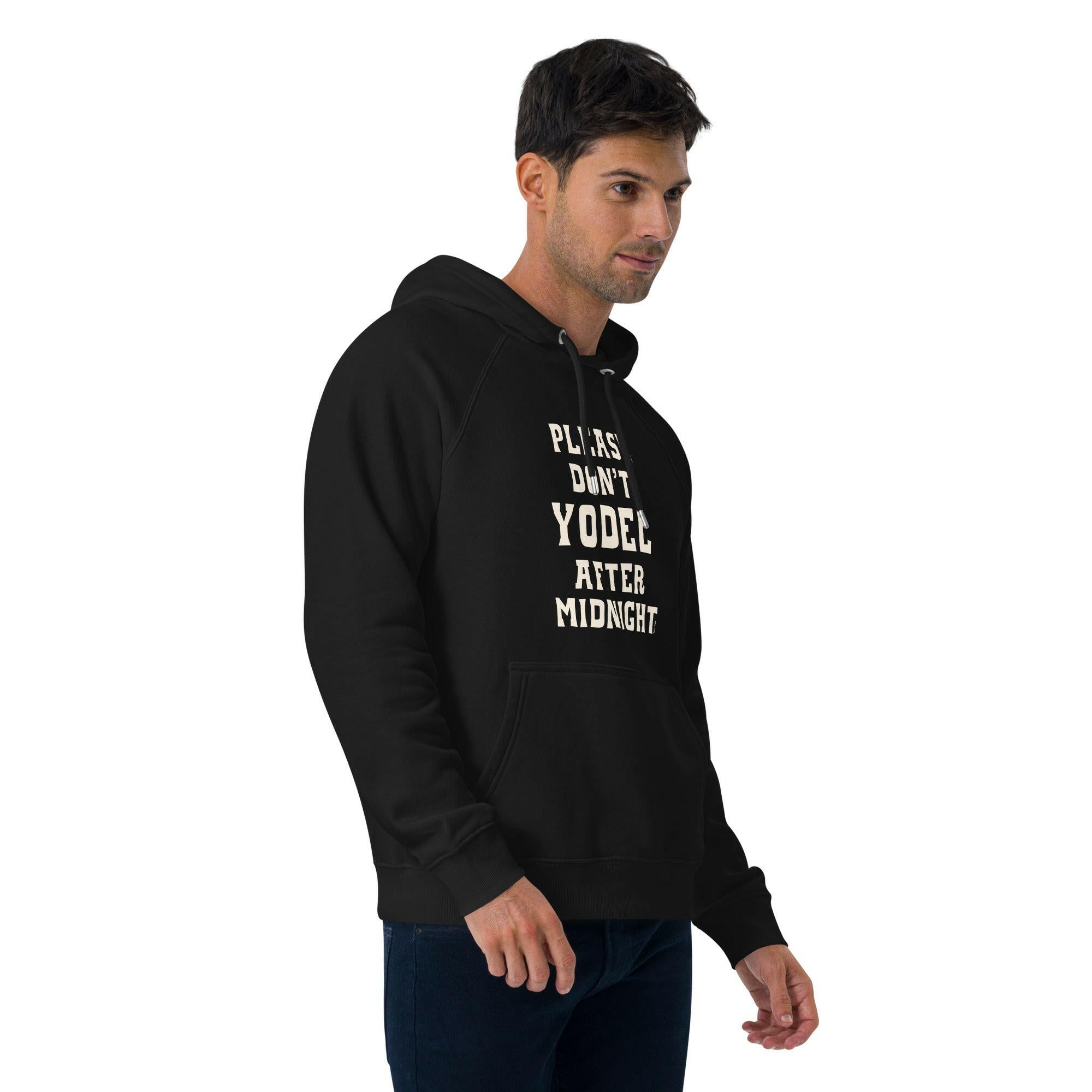 Unisex eco raglan hoodie Don't Yodel After Midnight on dark colors