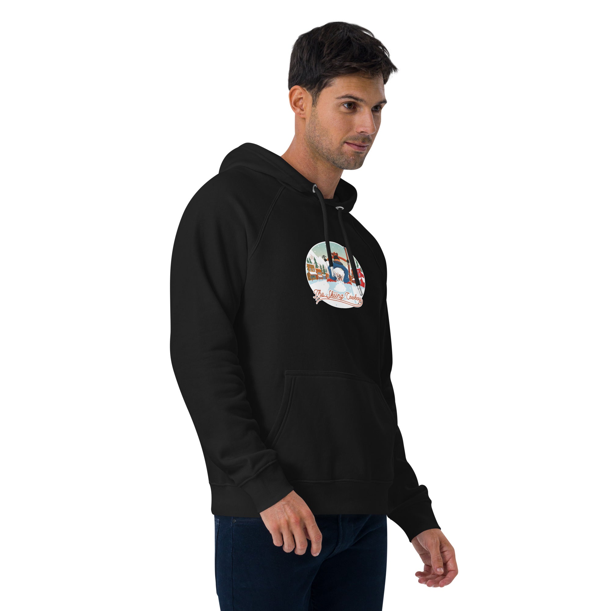 Unisex eco raglan hoodie Skiing Duel (front & back)