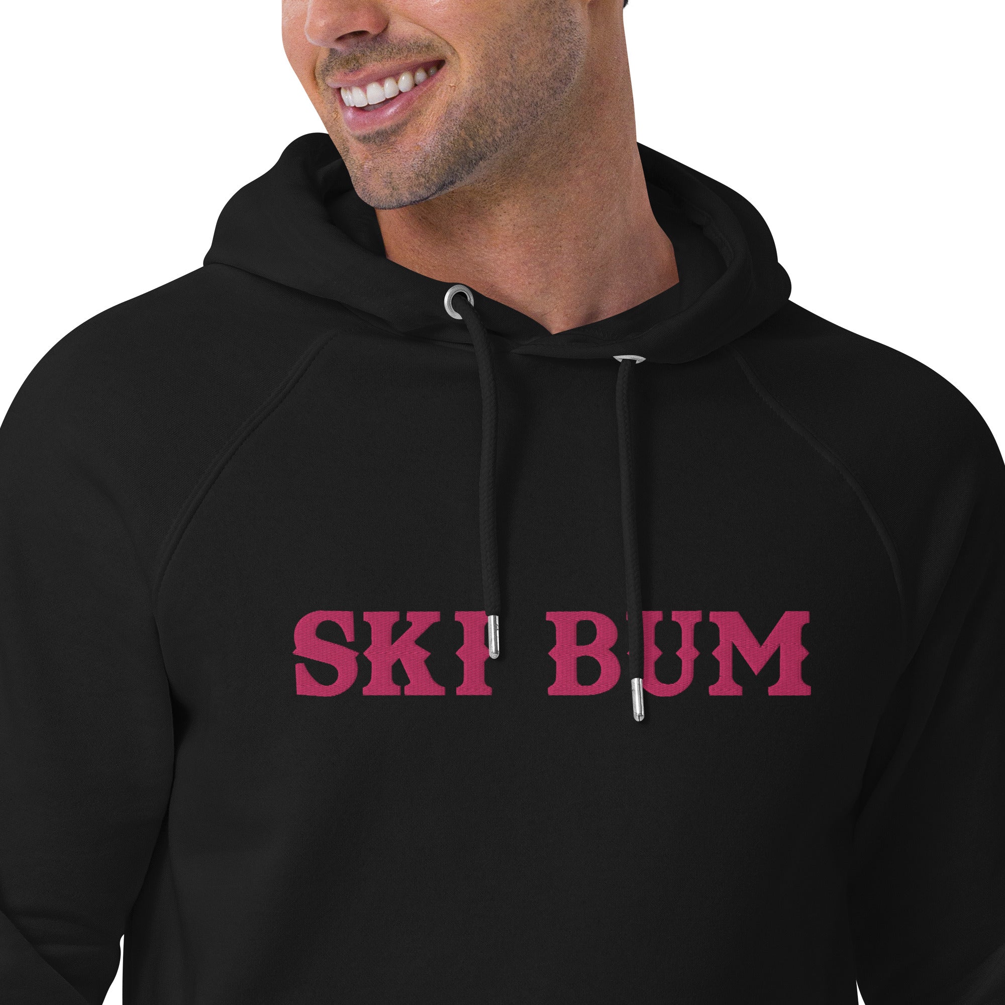 Sweat à capuche écologique Raglan unisexe Ski Bum grand motif brodé flamingo