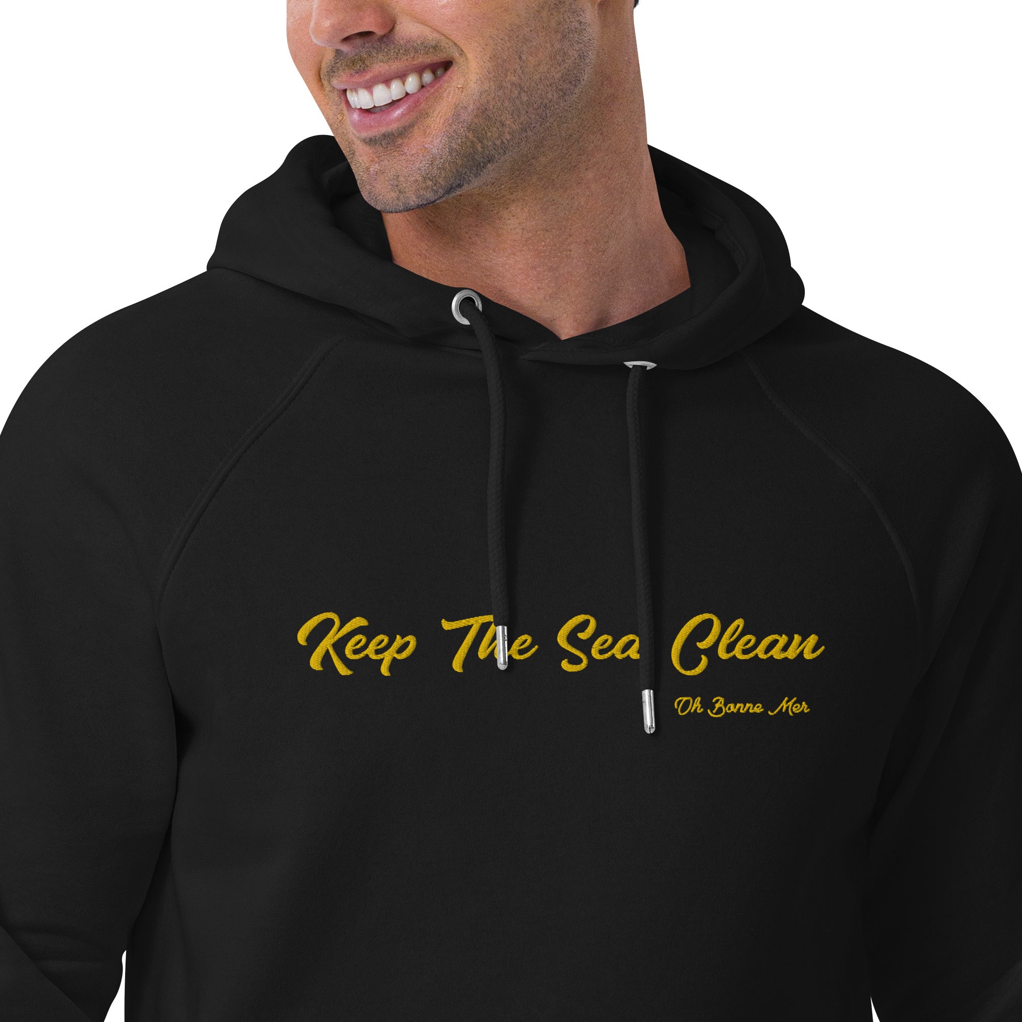 Unisex eco raglan hoodie Keep The Sea Clean large gold embroidered pattern