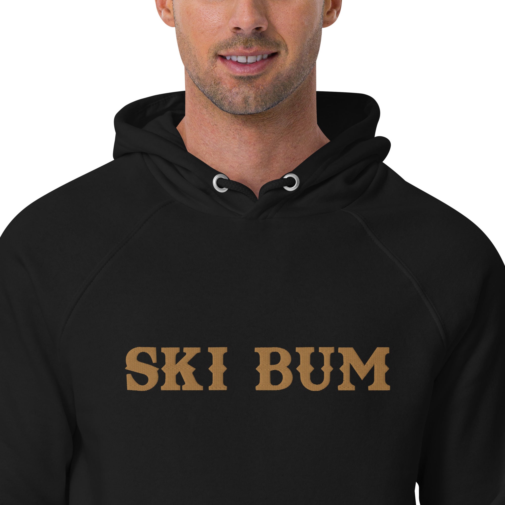 Unisex eco raglan hoodie Ski Bum large old gold embroidered pattern