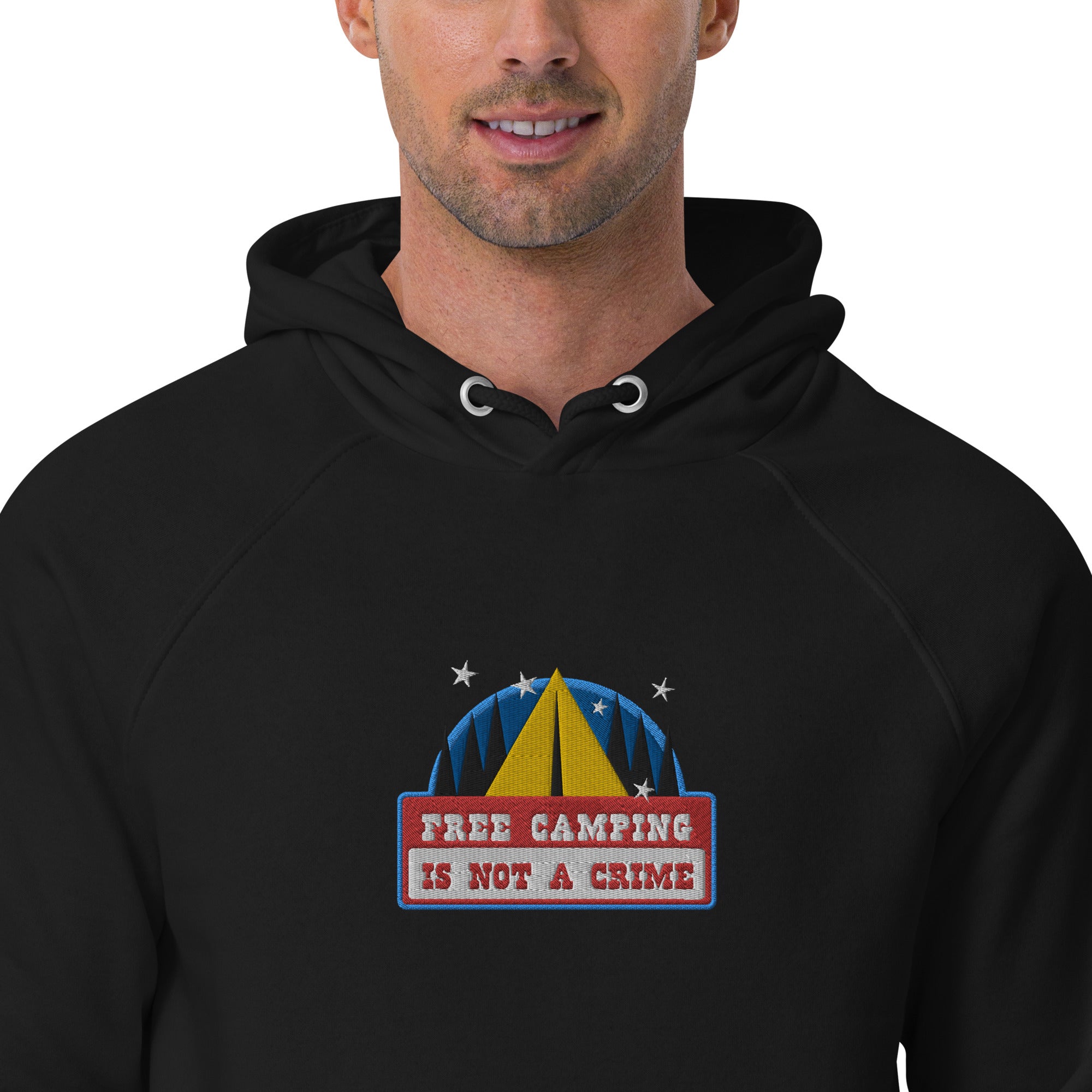 Unisex eco raglan hoodie Free camping is not a crime graphic multicolor embroidered pattern