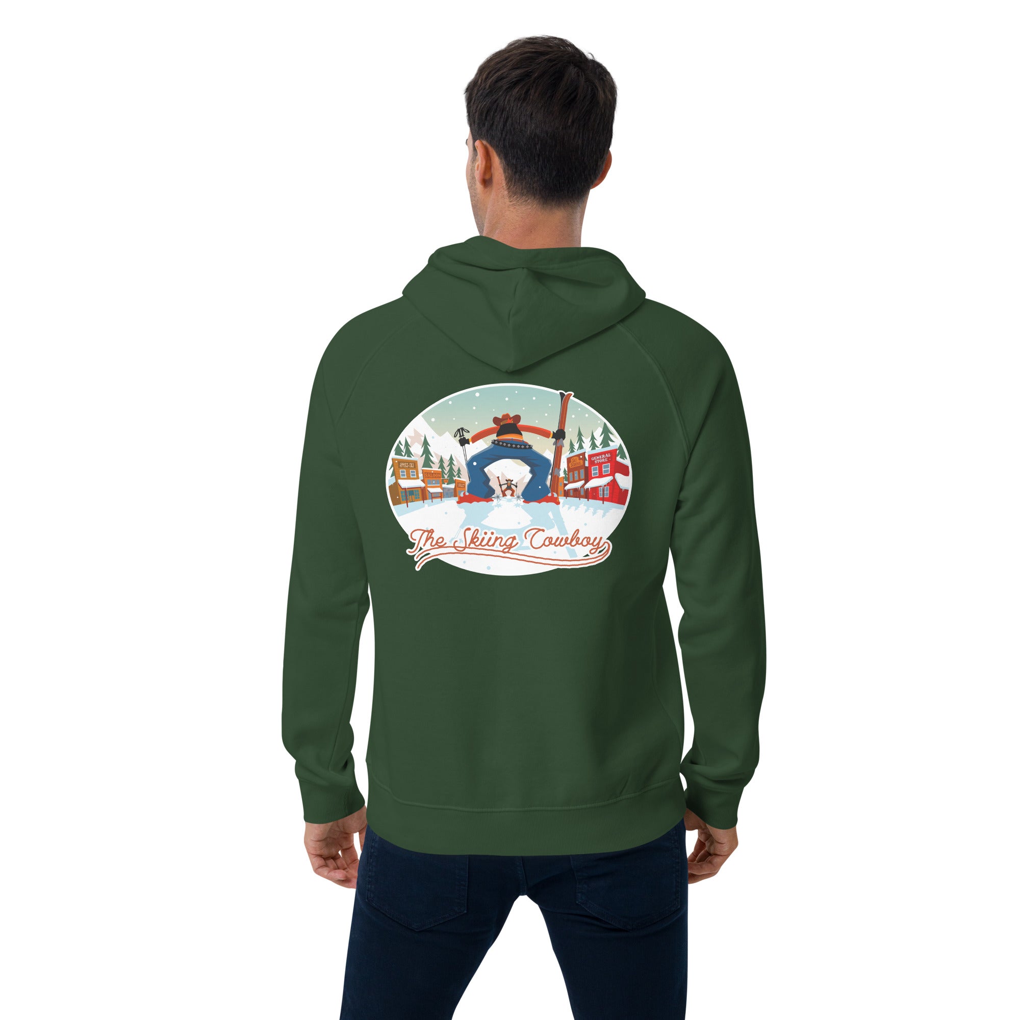 Unisex eco raglan hoodie Skiing Duel (front & back)