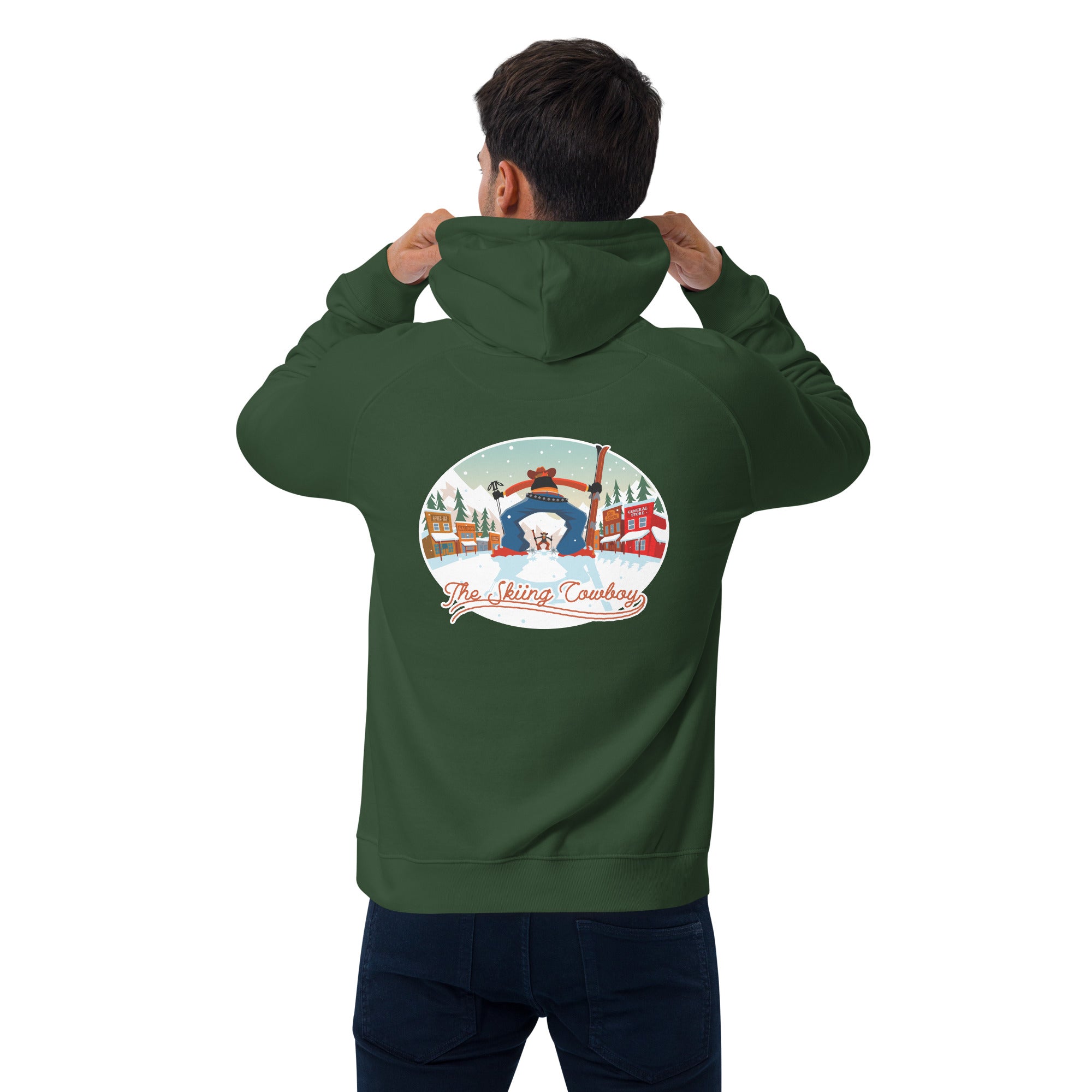 Unisex eco raglan hoodie Skiing Duel (front & back)