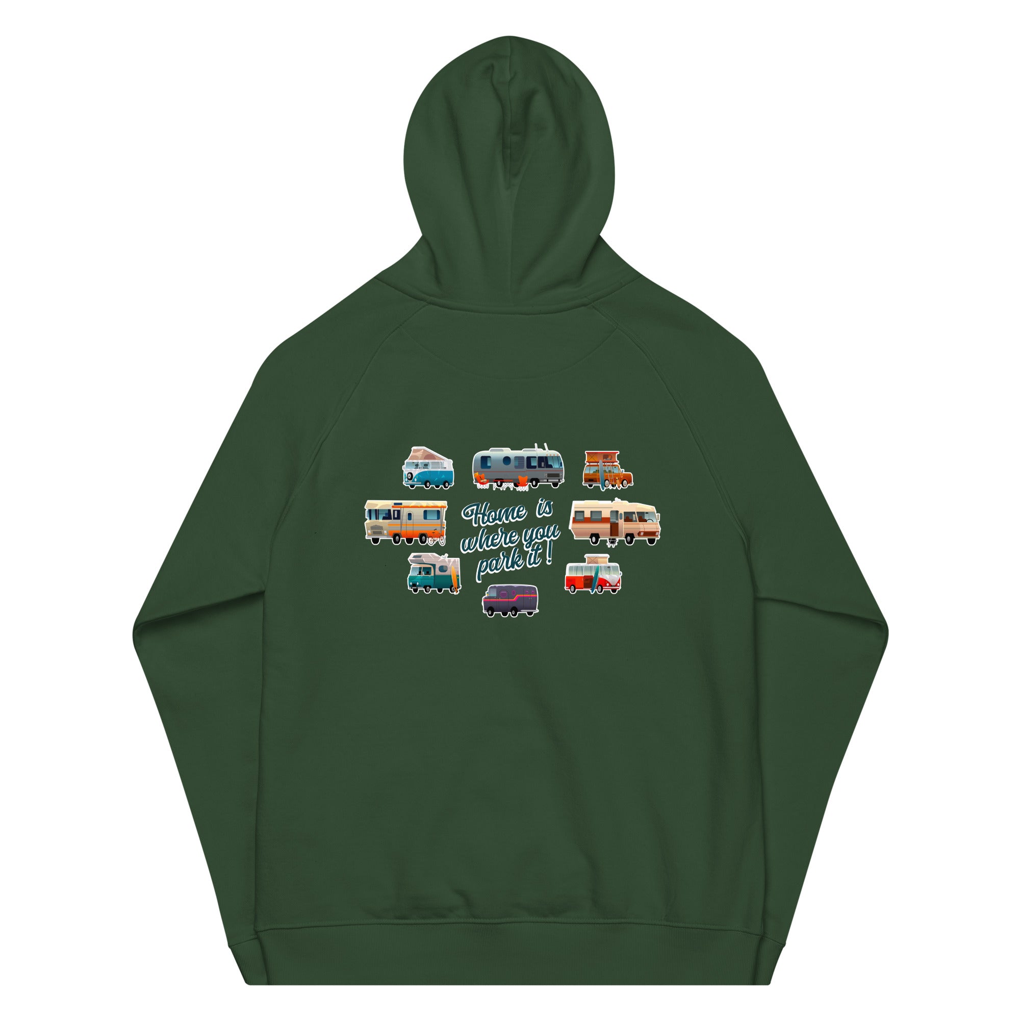 Sweat à capuche écologique Raglan unisexe Square Vintage Campers Home is where you park it brodé blanc